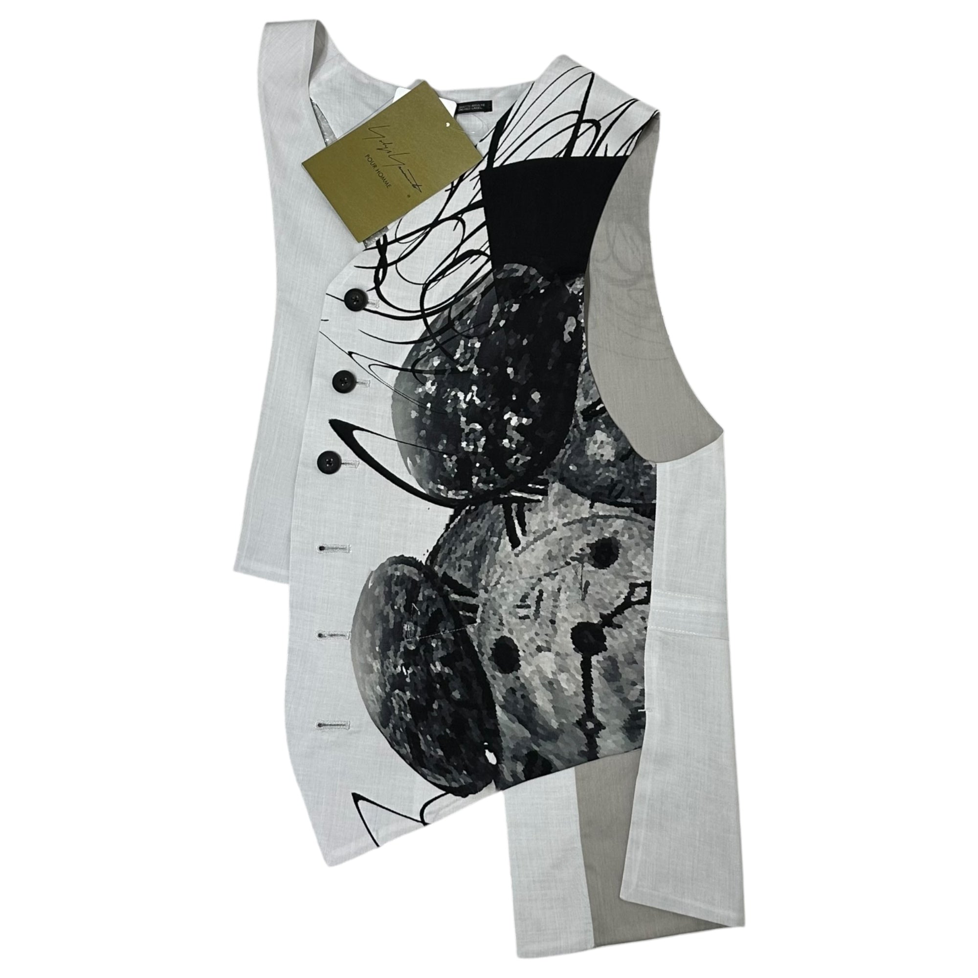 YOHJI YAMAMOTO POUR HOMME(ヨウジヤマモトプールオム) 25SS CLOCK PRINT ASYMMETRY VEST クロック プリント アシンメトリー ベスト ホワイト(淡いグレーに近いです) 2(S~M程度) ホワイト(淡いグレーに近いです) HP-V16-220-1-02 25SSファーストルック着用品