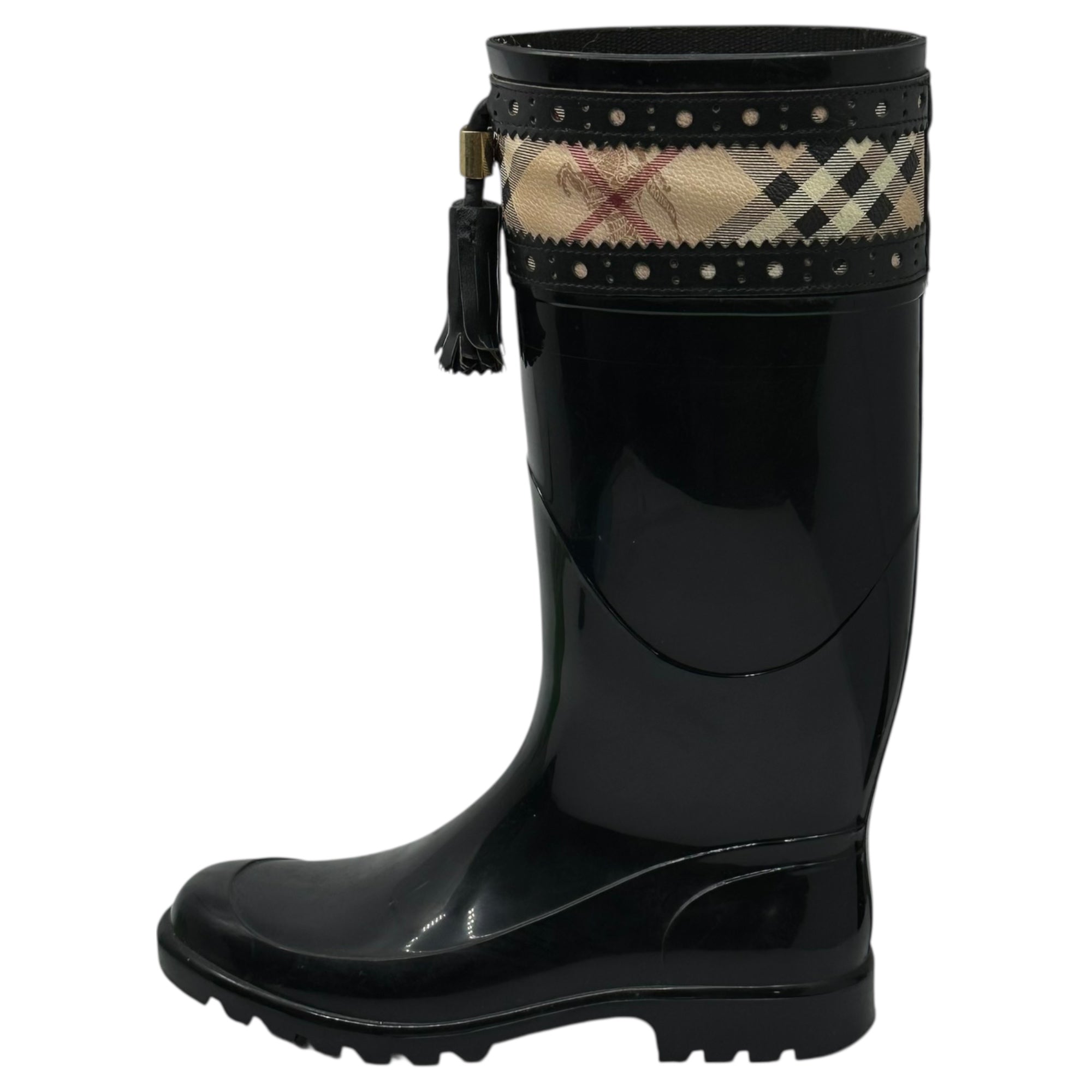 BURBERRY(バーバリー) Nova Check Switch Tassel Rain Boots ノヴァ チェック 切替 タッセル レインブーツ 37(23.5cm) ブラック×ベージュ