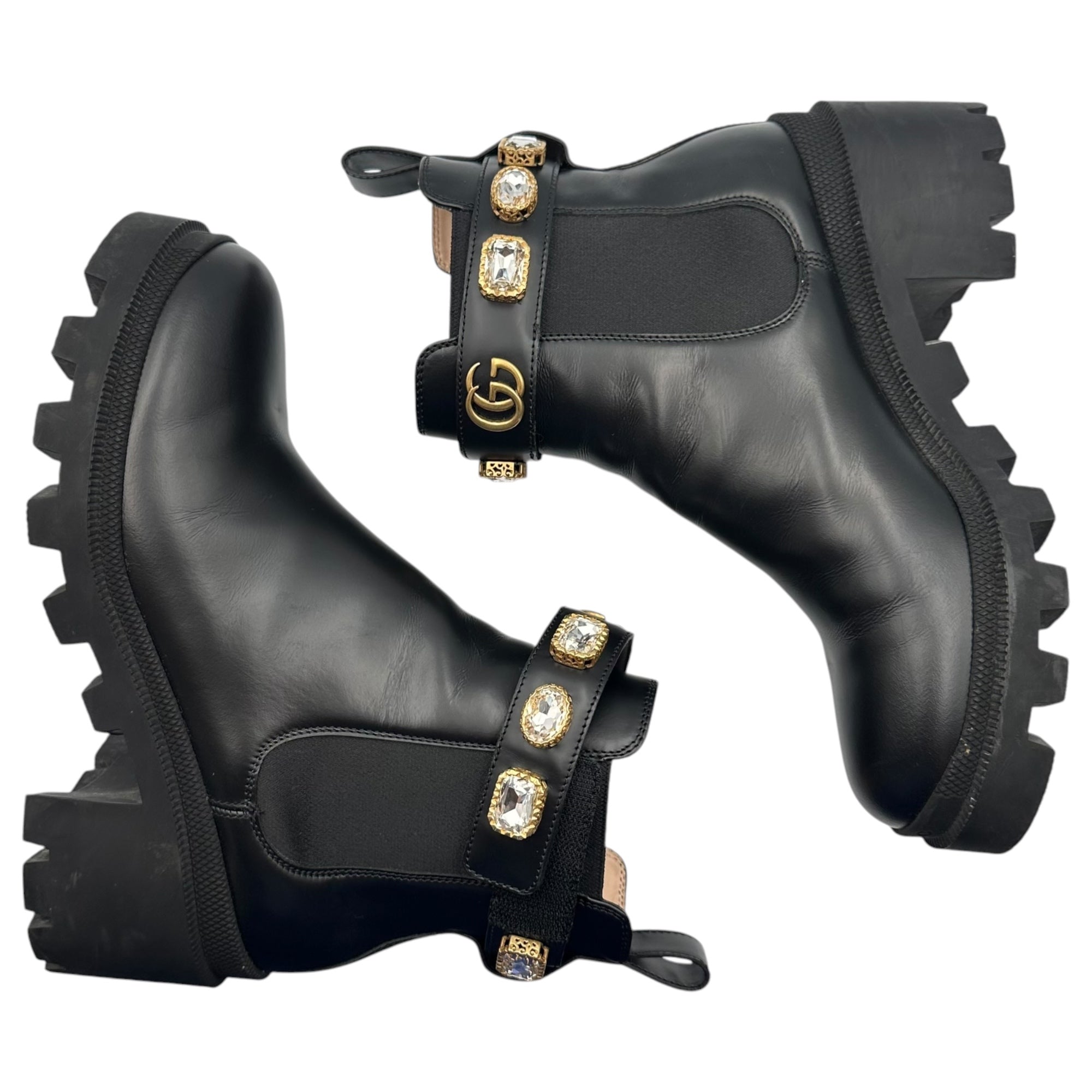 GUCCI(グッチ) Black Leather Ankle Boot With Belt GG マーモント クリスタル サイドゴア ブーツ 550036 37(24cm程度) ブラック