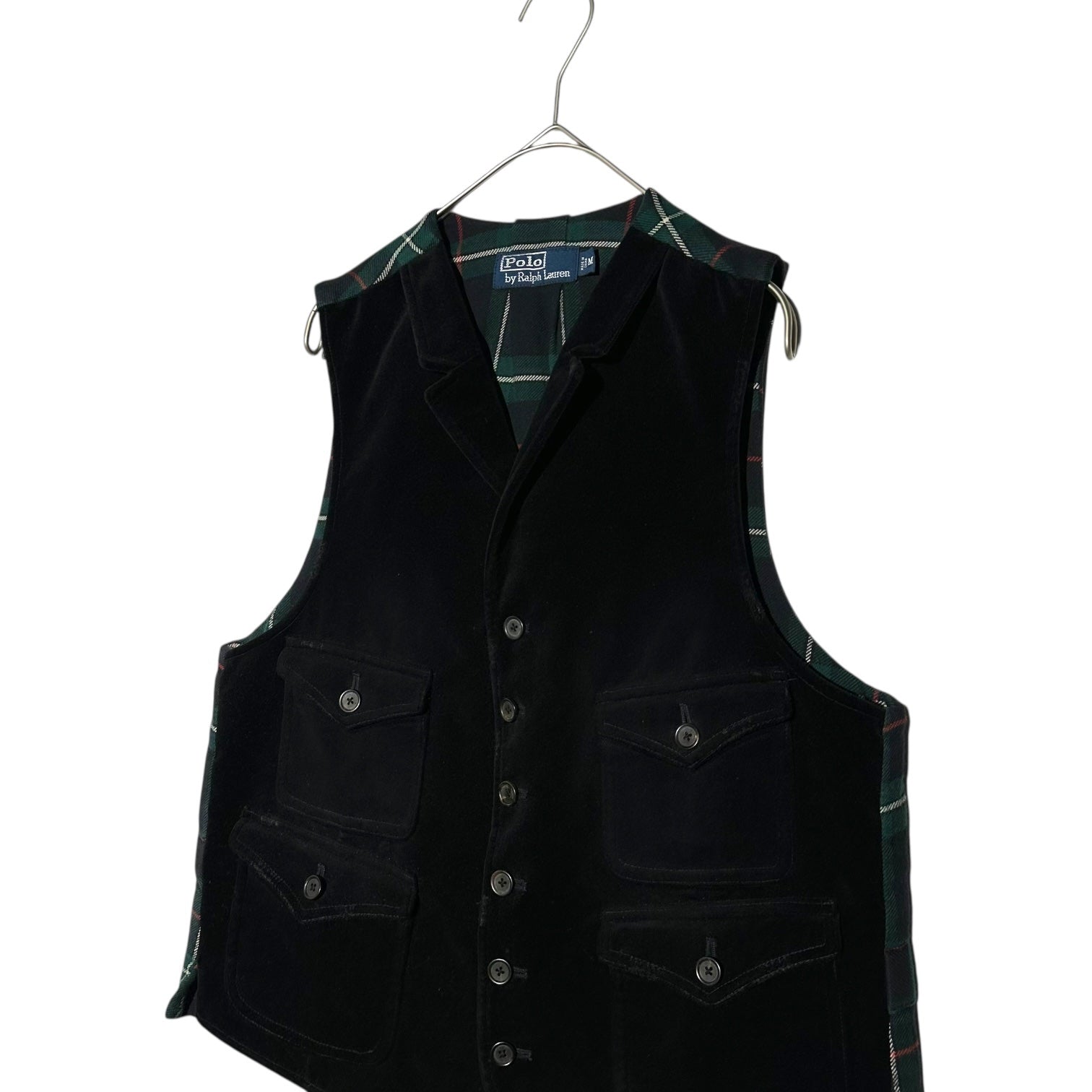 POLO RALPH LAUREN(ポロラルフローレン) 90's~00's Velour Tartan Check Gilet ベロア タータン チェック ジレ JR-RL-LW-3241 M ブラック×グリーン 90年代～ ヴィンテージ ベスト