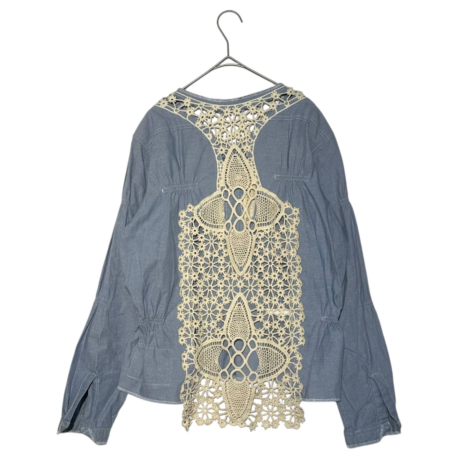 RehersalL(リハーズオール) US Navy vintage shirt remade with lace embellishments US NAVY 古着シャツリメイク レース装飾 シャツ FREE ブルー×アイボリー