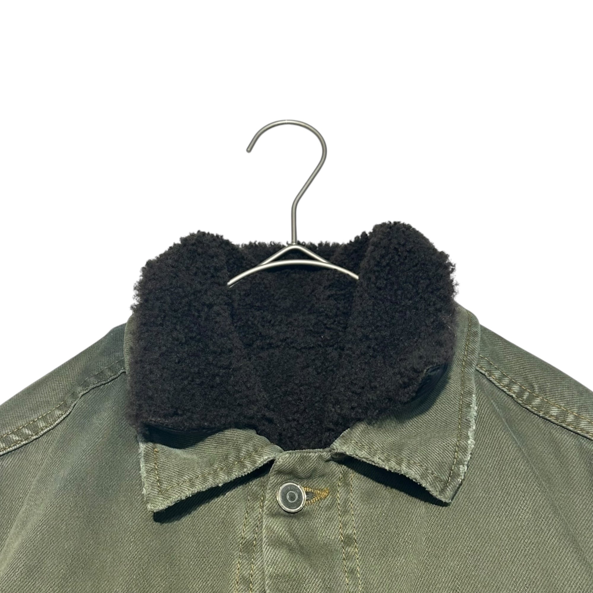 PRADA(プラダ) 00's Leather line shearling boa trucker jacket レザー ライン ムートン ボア トラッカー ジャケット 46(SM程度) カーキ アーカイブ デニム ロゴ ライナー着脱可 SPORT