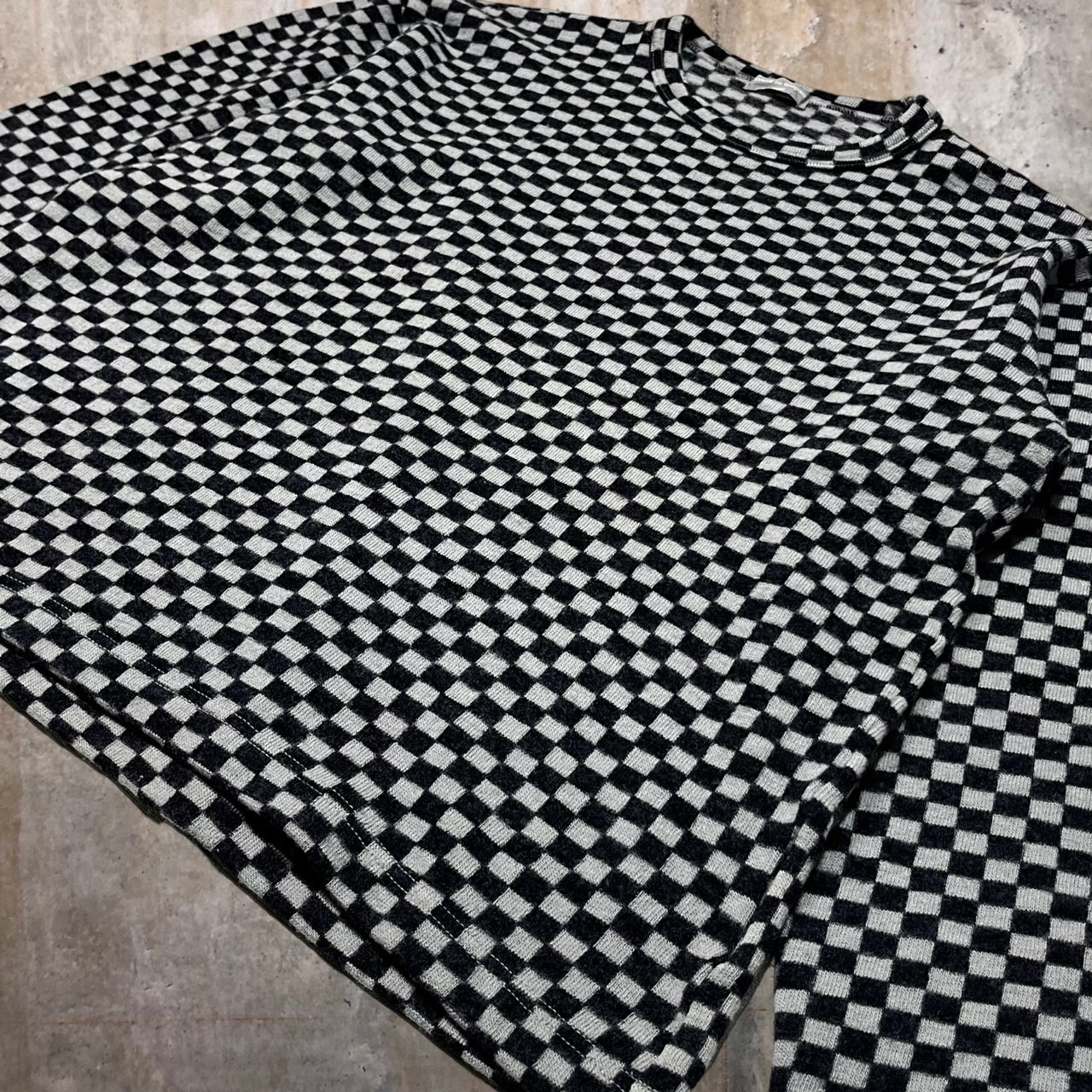 COMME des GARCONS HOMME(コムデギャルソンオム) 01AW Checkered flag wool knit pullover/チェッカーフラッグウールニットプルオーバー HC-T026 SIZE FREE グレー×ブラック AD2001 田中オム