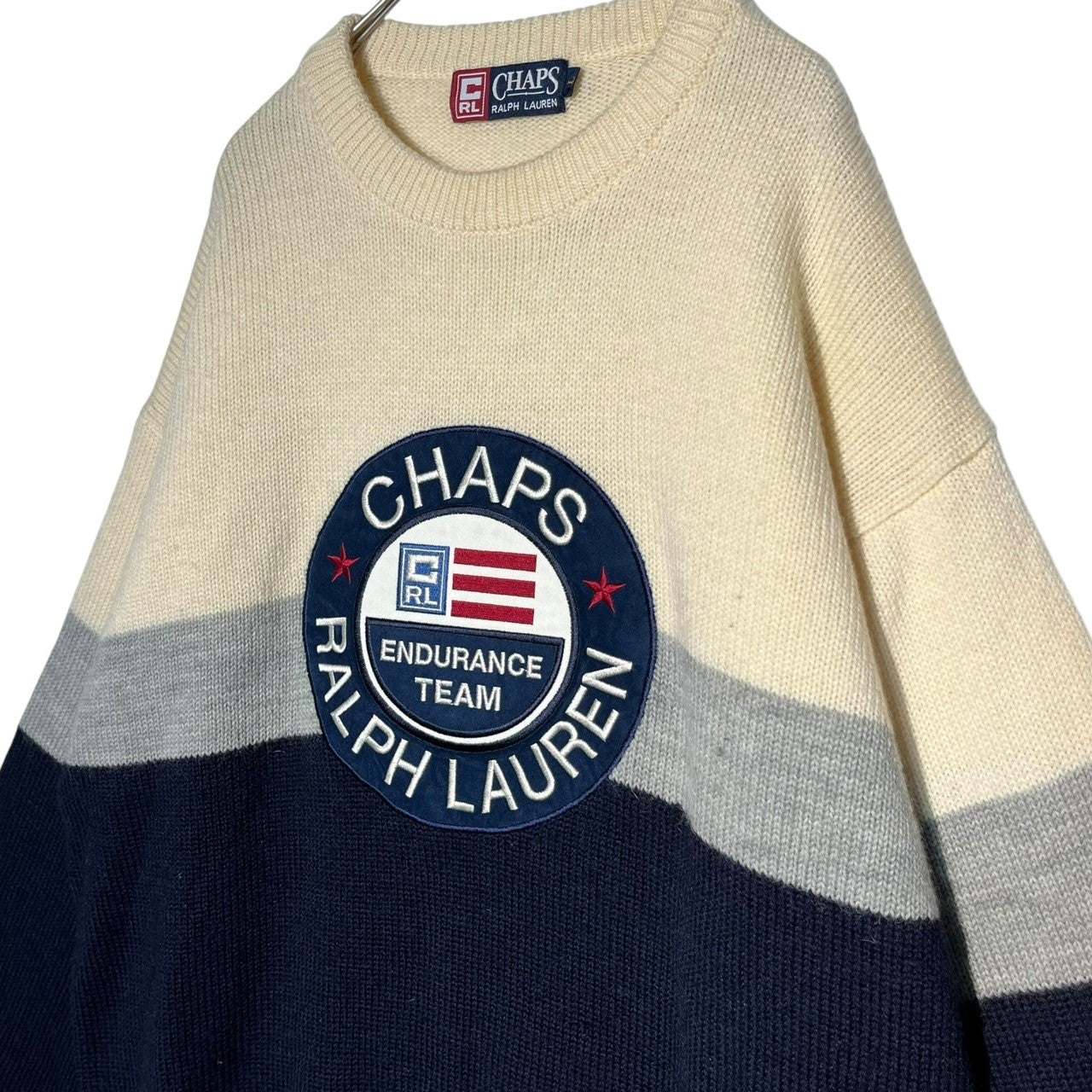 CHAPS(チャップス) 90's "CHAPS RALPH LAUREN"  circle logo knit wool サークル ロゴ ウール ニット 1638-3551 L アイボリー×ネイビー ラルフローレン