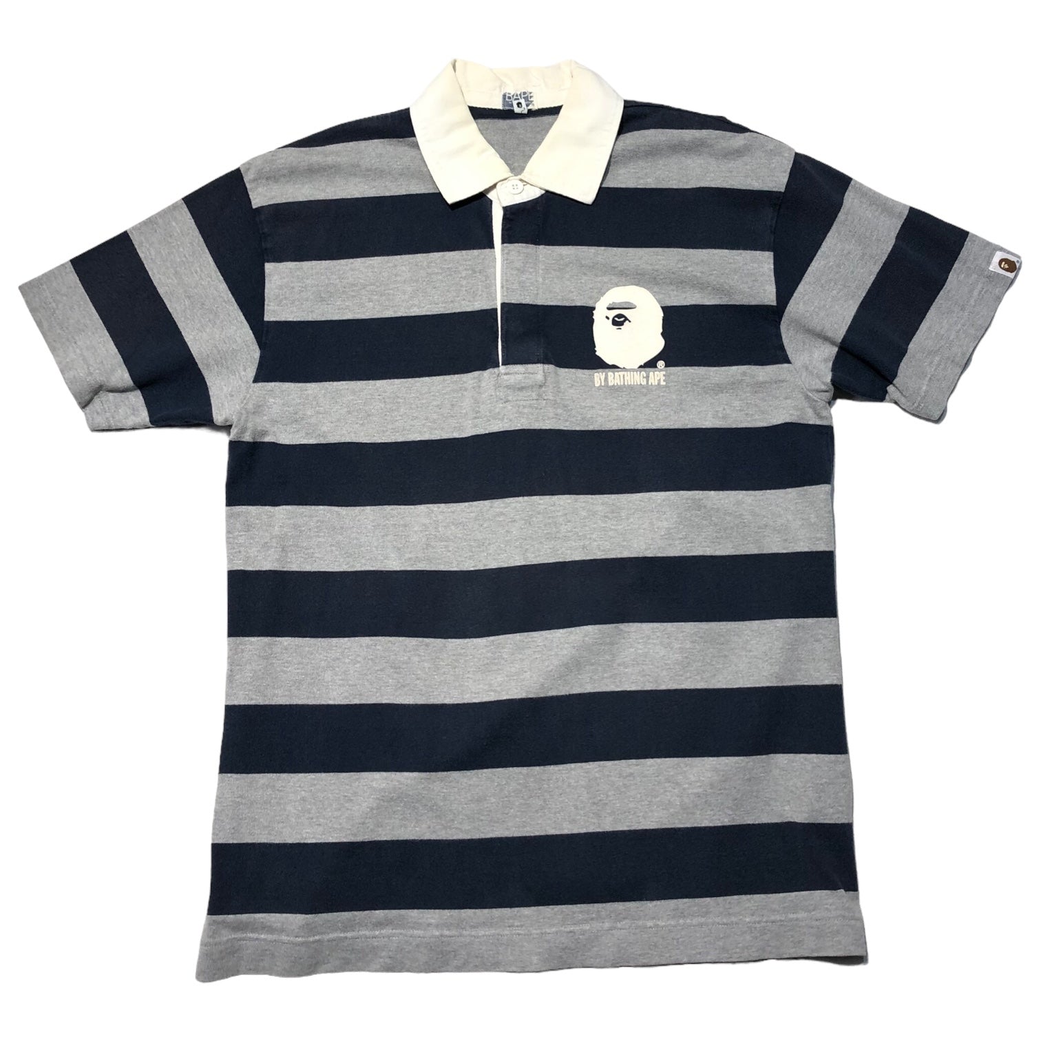 A BATHING APE(アベイシングエイプ) 00's  One point logo border rugby shirt ワンポイント ロゴ ボーダー ラガー シャツ L グレー×ネイビー ポロシャツ