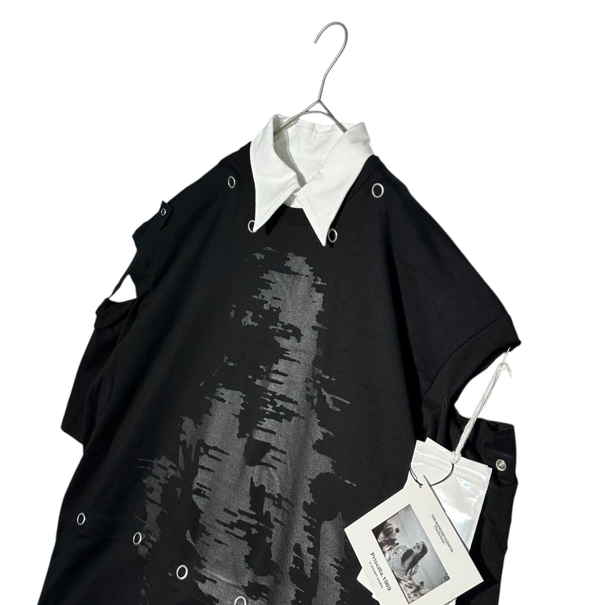 TAKAHIRO MIYASHITA The Soloist.(タカヒロミヤシタザソロイスト) attachment collar & tail short sleeve tee. -_joseph szabo レイヤード シャツ Tシャツ  0005SS22 48 ブラック×ホワイト
