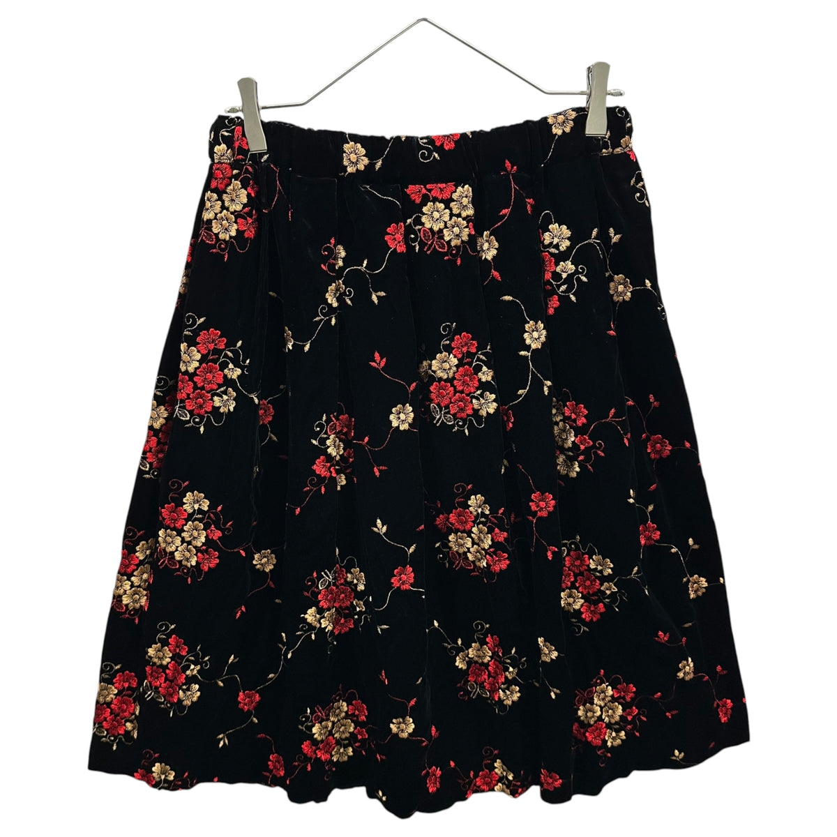 robe de chambre COMME des GARCONS(ローブドシャンブルコムデギャルソン) 2001AW Flower-Embroidered Velour Easy Flare Skirt 花 刺繍 ベロア イージー フレア スカート RC-S009 FREE ブラック×レッド×ゴールド AD2001 00s アーカイブ