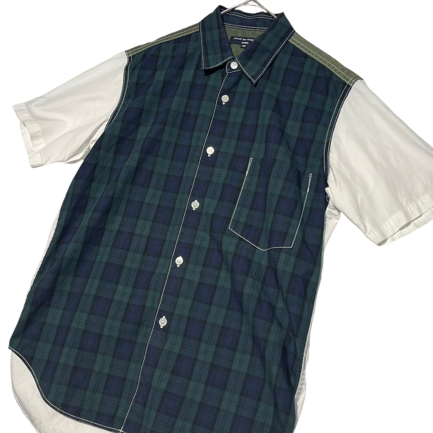 COMME des GARCONS HOMME(コムデギャルソンオム) 10SS Check switching short sleeve shirt チェック切替 半袖 シャツ HE-B033 XS ネイビー×ホワイト AD2009