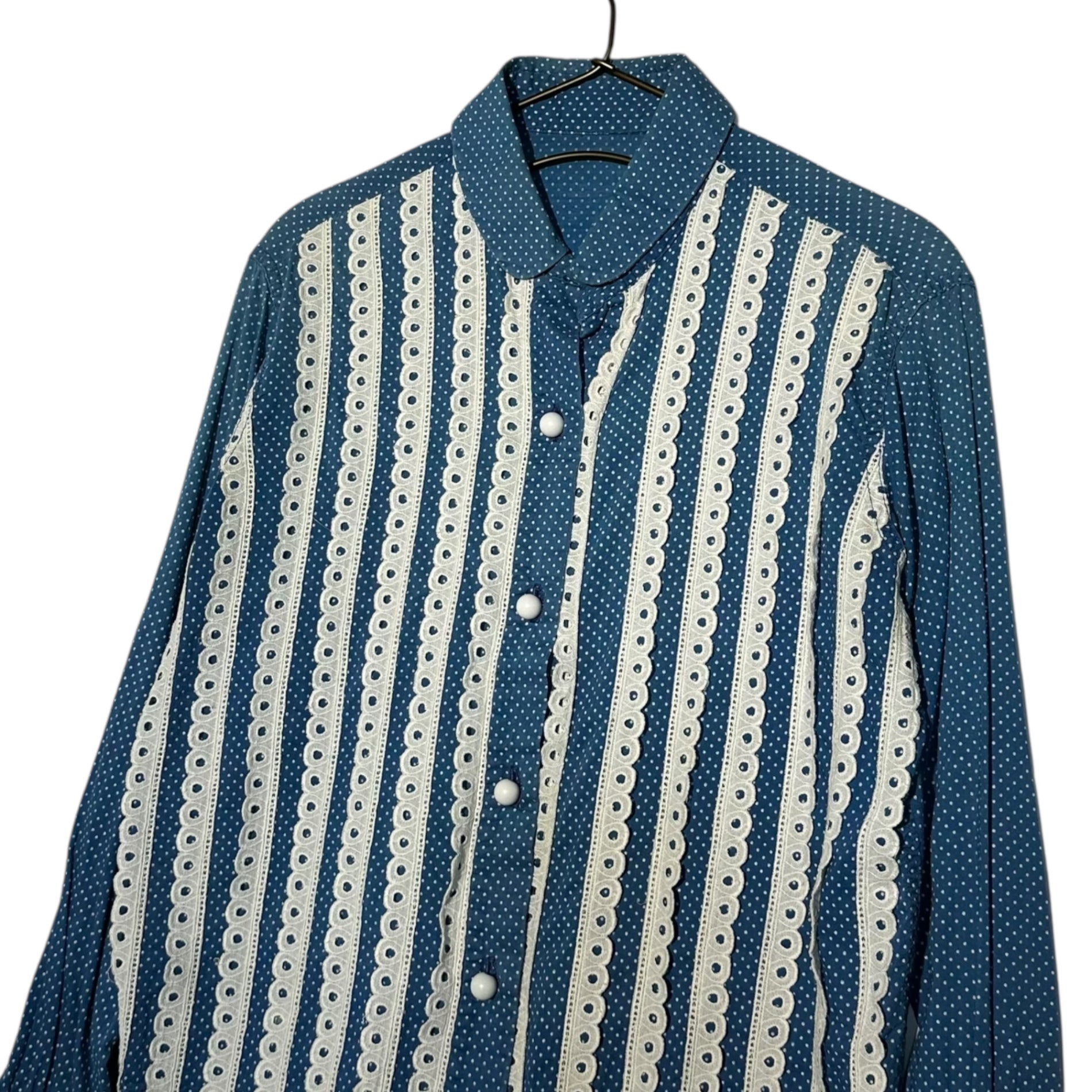VINTAGE(ヴィンテージ) 60's glen of michigan Dot Pattern Lace Round Collar Blouse ドット柄 レース 丸襟 ブラウス ブルー×ホワイト 推定60年代 VINTAGE(ヴィンテージ) 60's glen of michigan Dot Pattern Lace