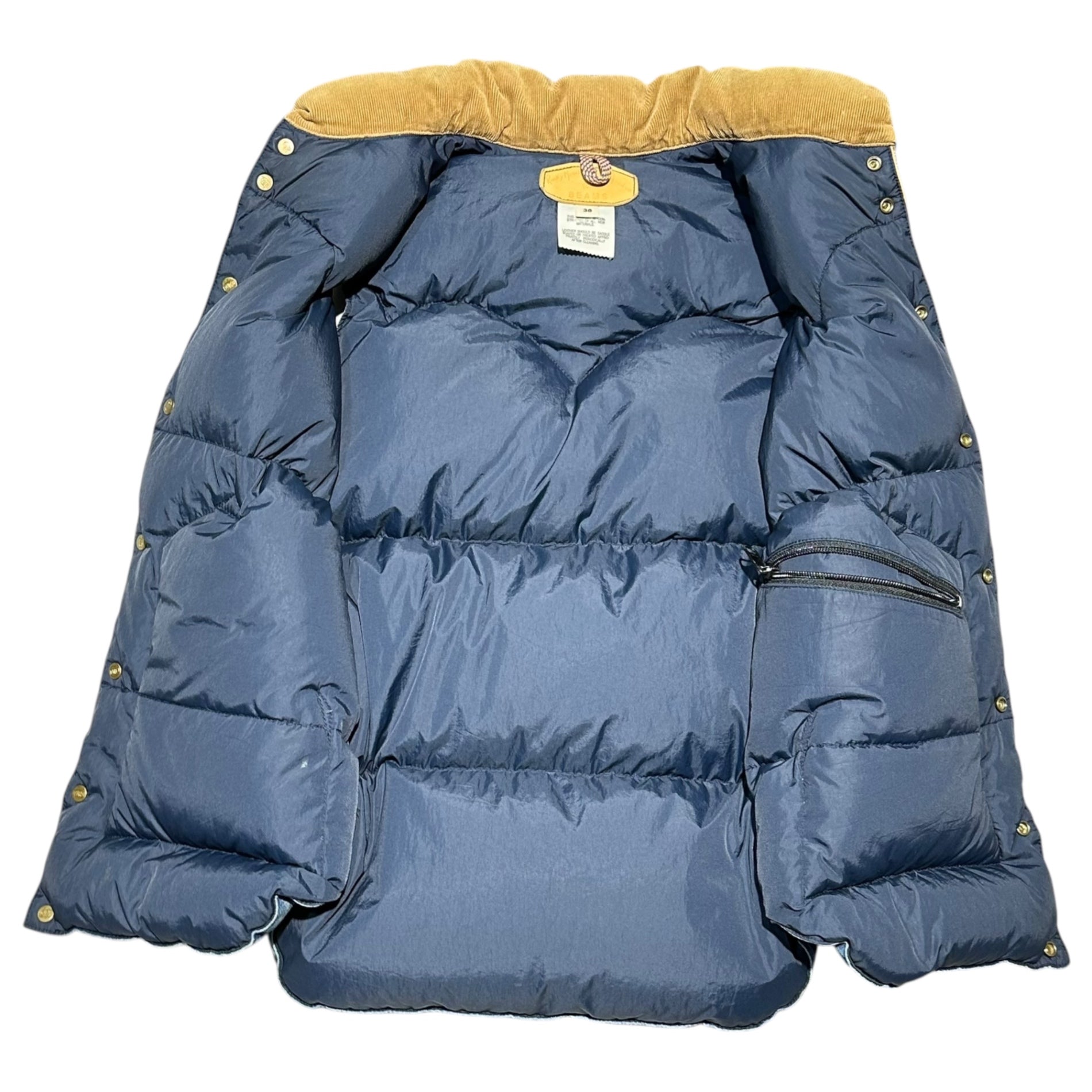 Rocky Mountain FeatherBed × BEAMS(ロッキーマウンテンフェザーベッド × ビームス) Leather Yoke Denim Down Vest レザー ヨーク デニム ダウン ベスト 450-472-63 38(M) インディゴ×ベージュ