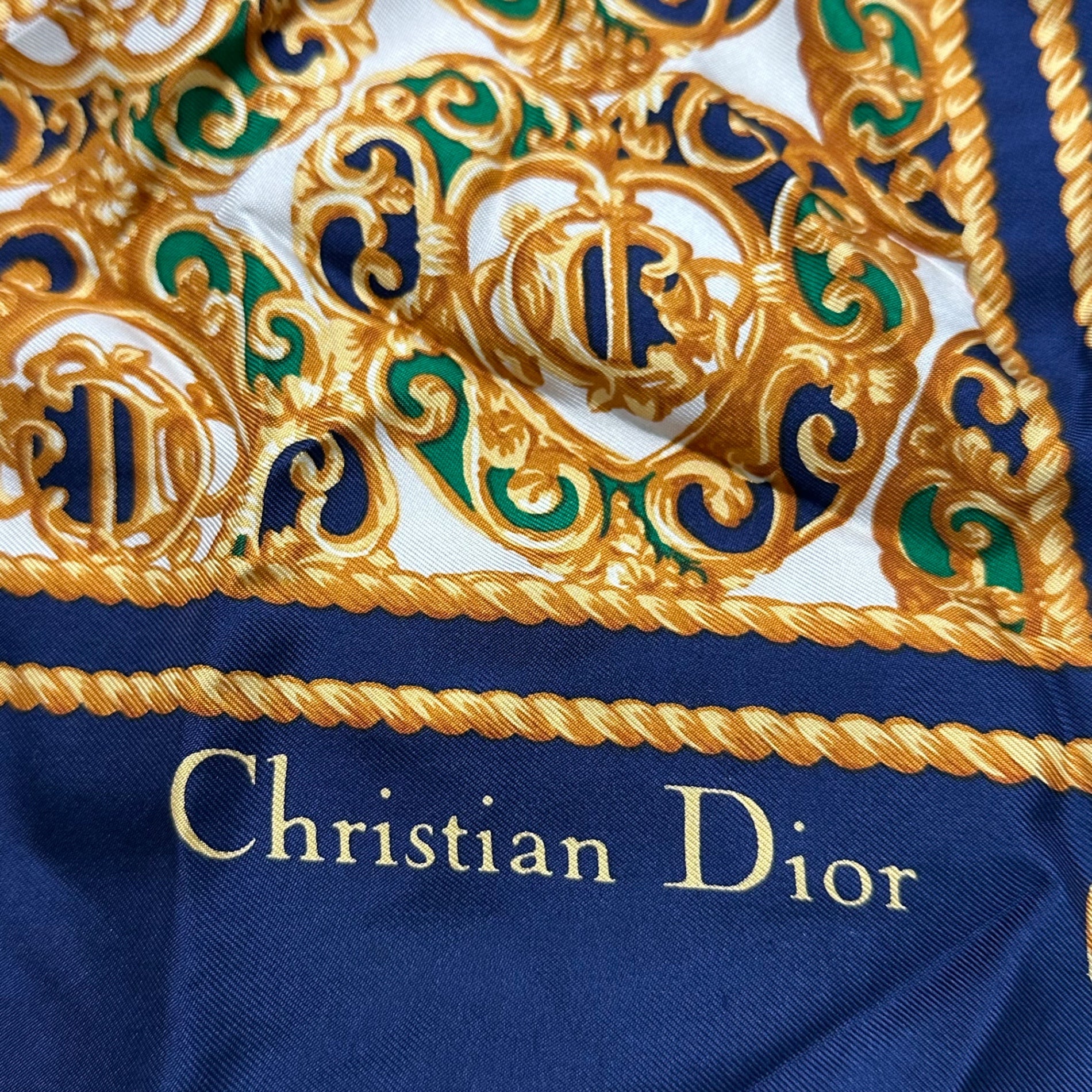 Christian Dior(クリスチャンディオール) Silk Scarf シルク スカーフ ネイビー×ゴールド