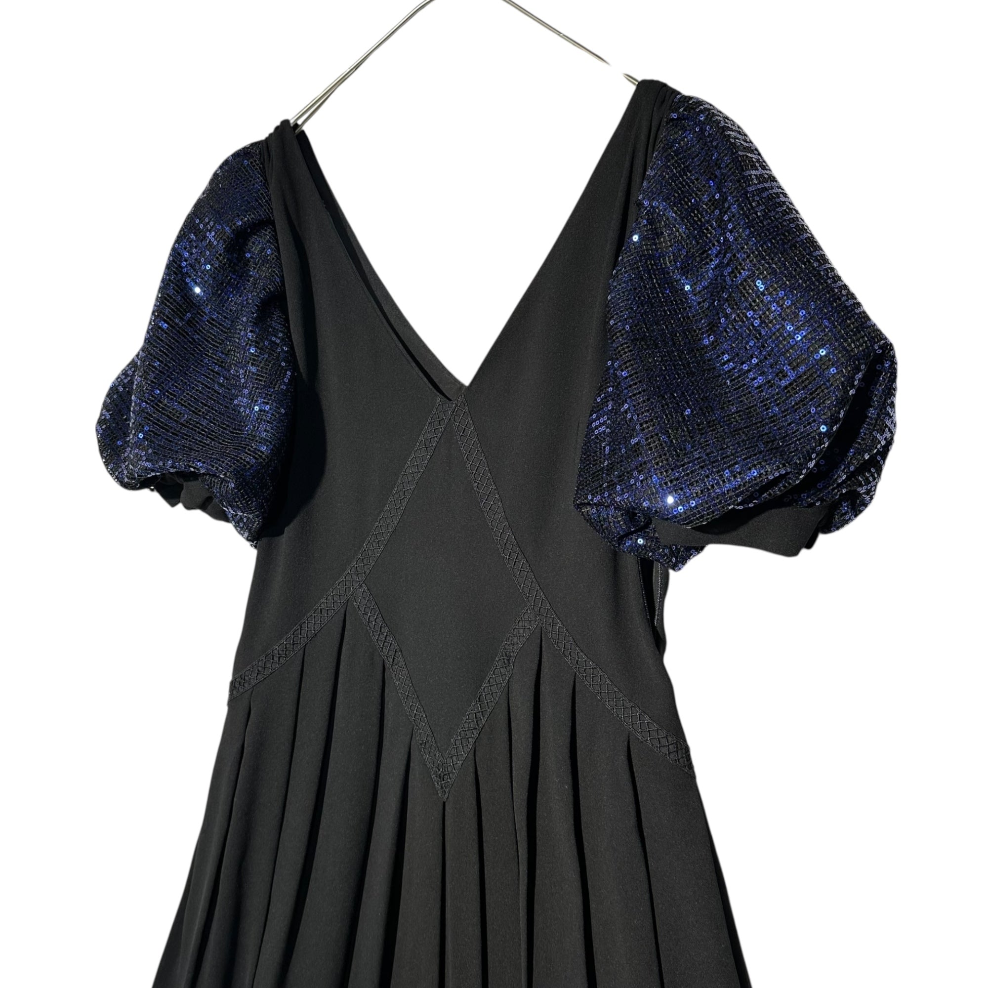 Self Portrait(セルフポートレイト) S/S CREPE TRIMMED DRESS クレープ トリム ドレス スパンコール ワンピース SP23-082B UK06(XS程度) ブラック×ネイビー