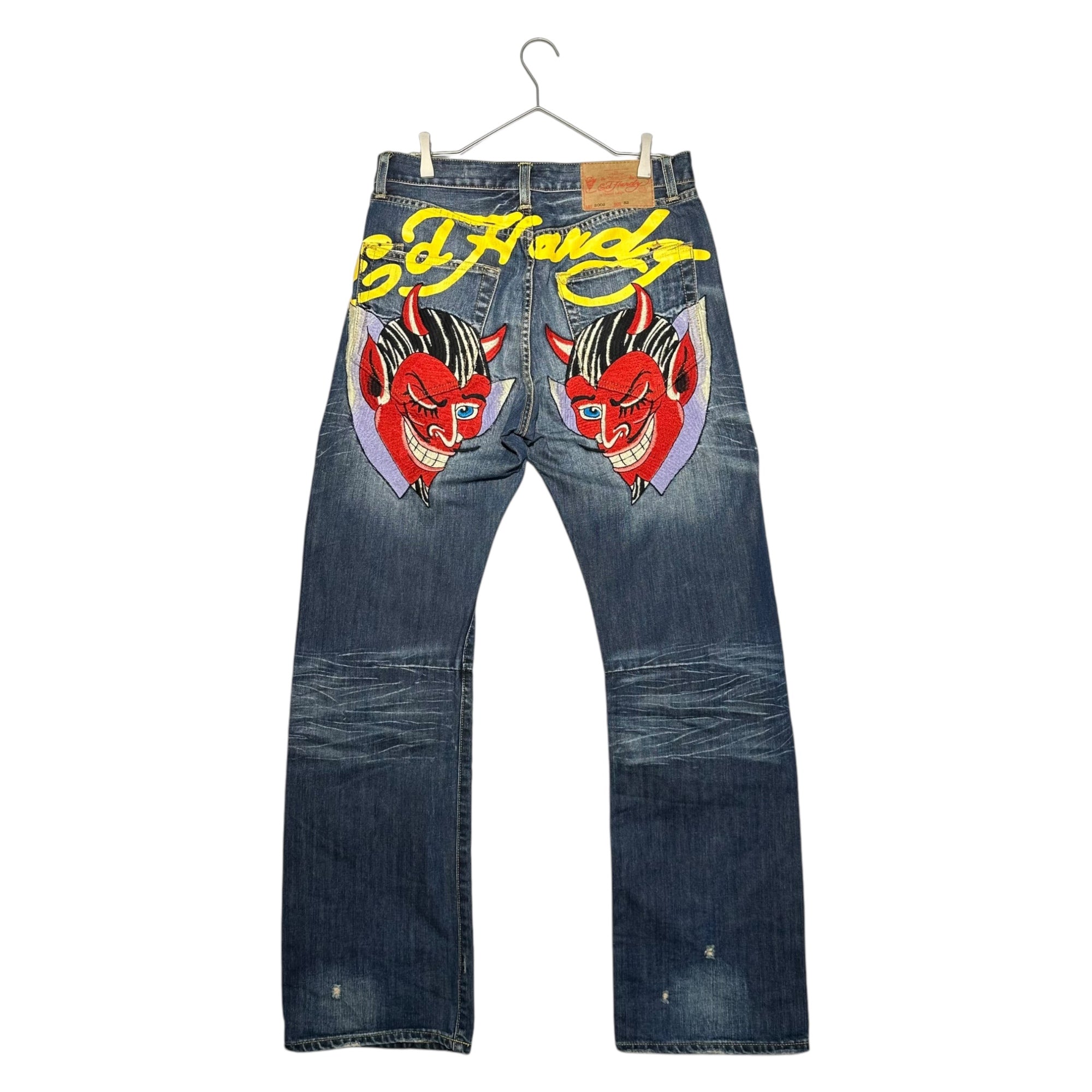 Ed Hardy(エドハーディー) Devil embroidery straight denim pants デビル刺繍 ストレート デニム パンツ LOT 2009 32 インディゴ Y2K B系 ワイド