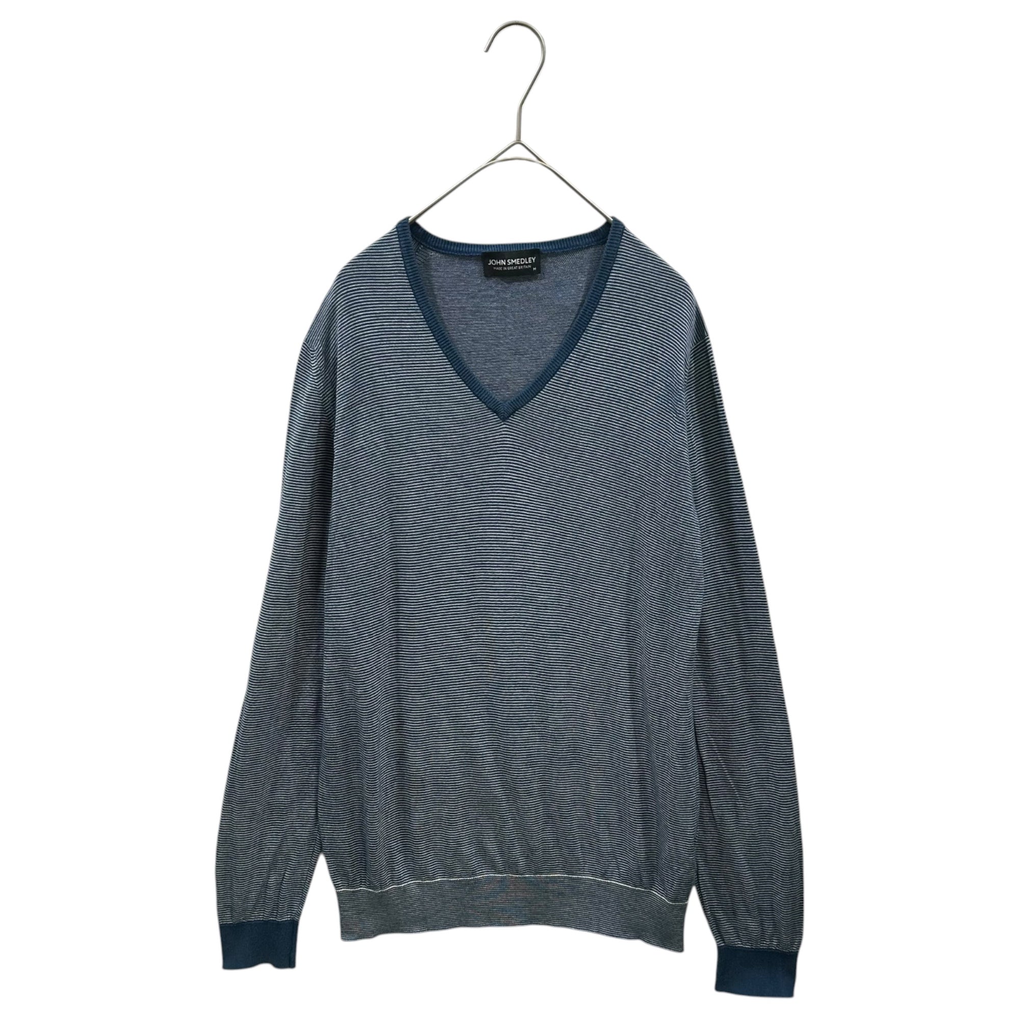 JOHN SMEDLEY(ジョンスメドレー) Cotton Striped V-neck Sweater Vネック コットン ボーダー ニット M ブルー×ホワイト
