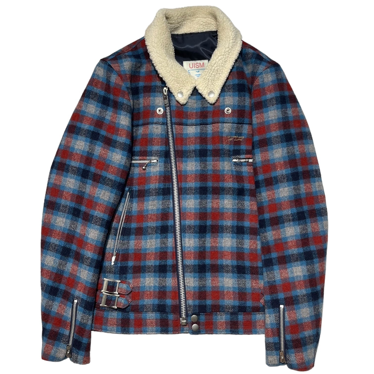 UNDERCOVERISM(アンダーカバーイズム) 08AW Boa collar wool check riders jacket ボア カラー ウール チェック ライダース ジャケット B4212 2(M程度) ブルー×レッド