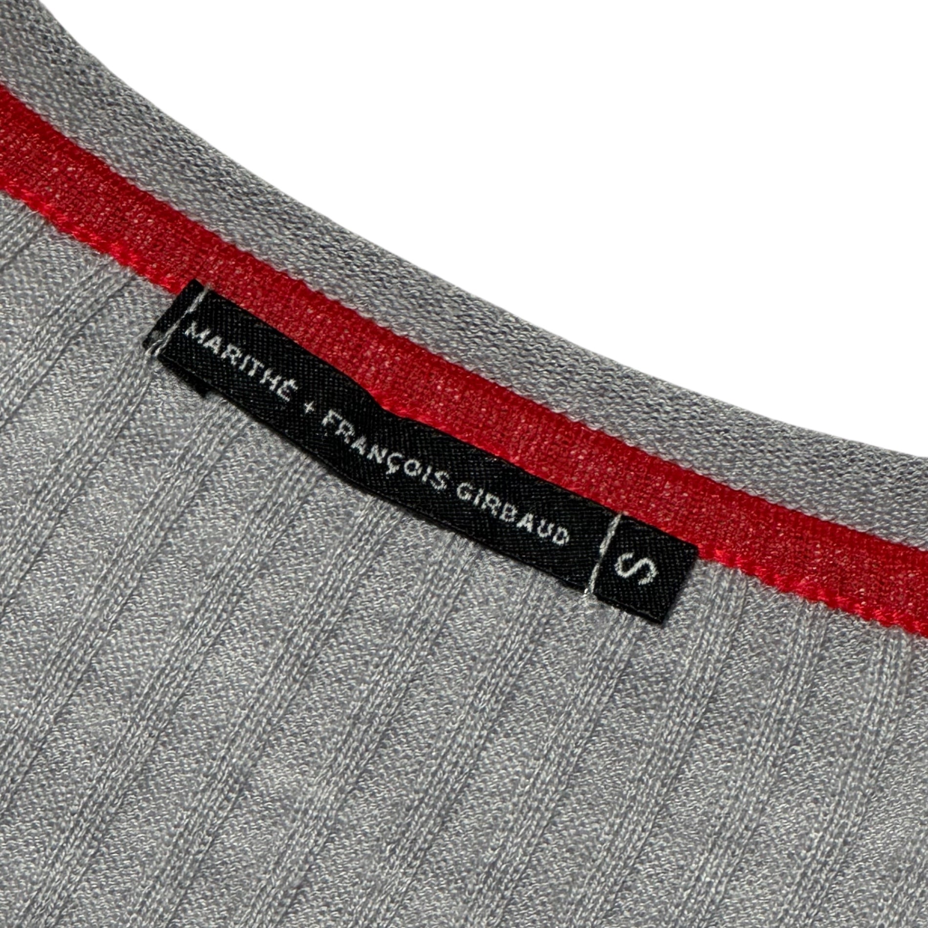 MARITHE FRANCOIS GIRBAUD(マリテフランソワジルボー) 00's Hem Design Ruffled Knit Ribbed Cardigan 裾デザイン フリル ニット リブ カーディガン F7-8004 S グレー×レッド Y2K