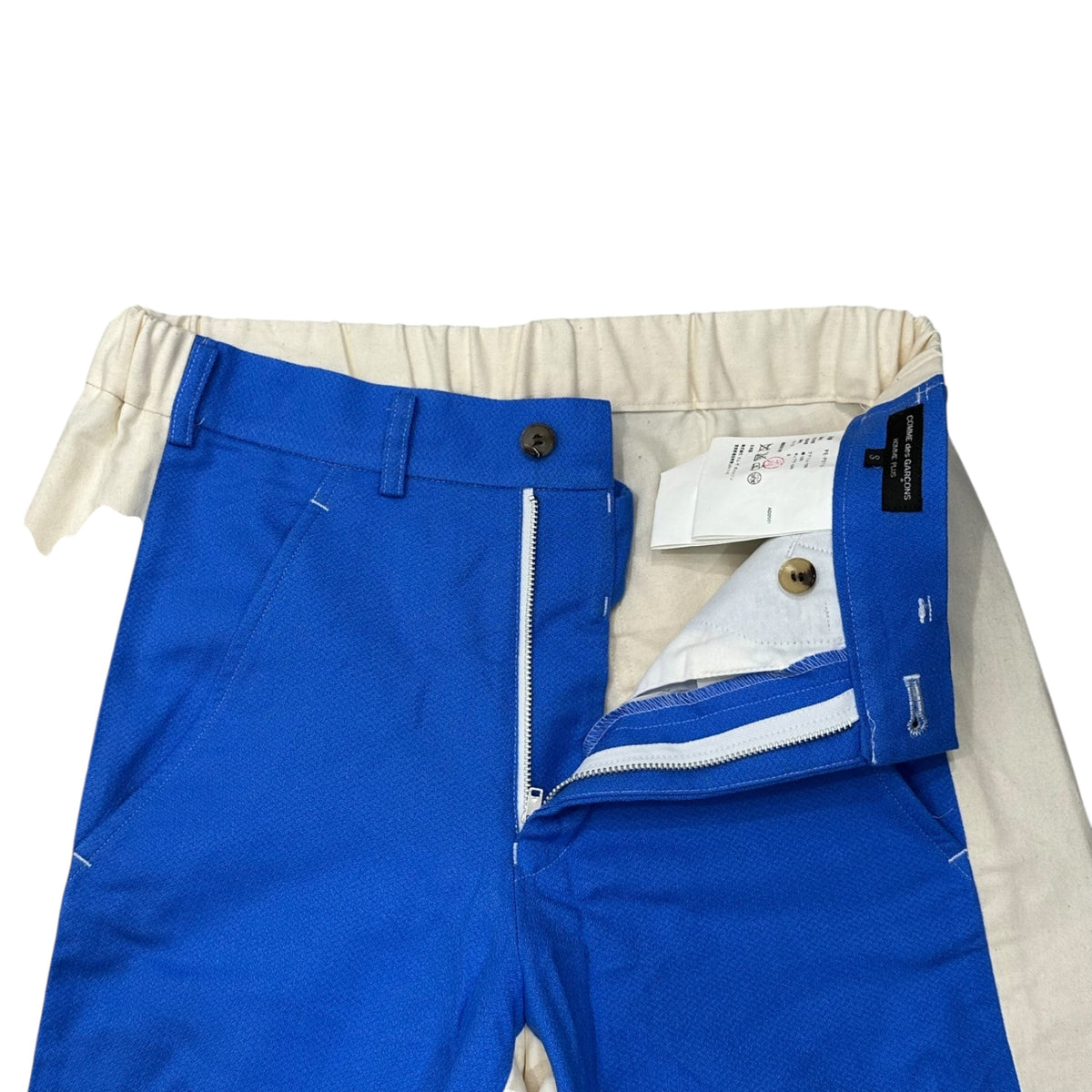 COMME des GARCONS HOMME PLUS(コムデギャルソンオムプリュス) 2002SS Mixed-Material Tapered Pants 異素材 切り替え テーパード パンツ PE-P010 S ブルー×アイボリー 00s アーカイブ トラッドの破壊 蛍光期