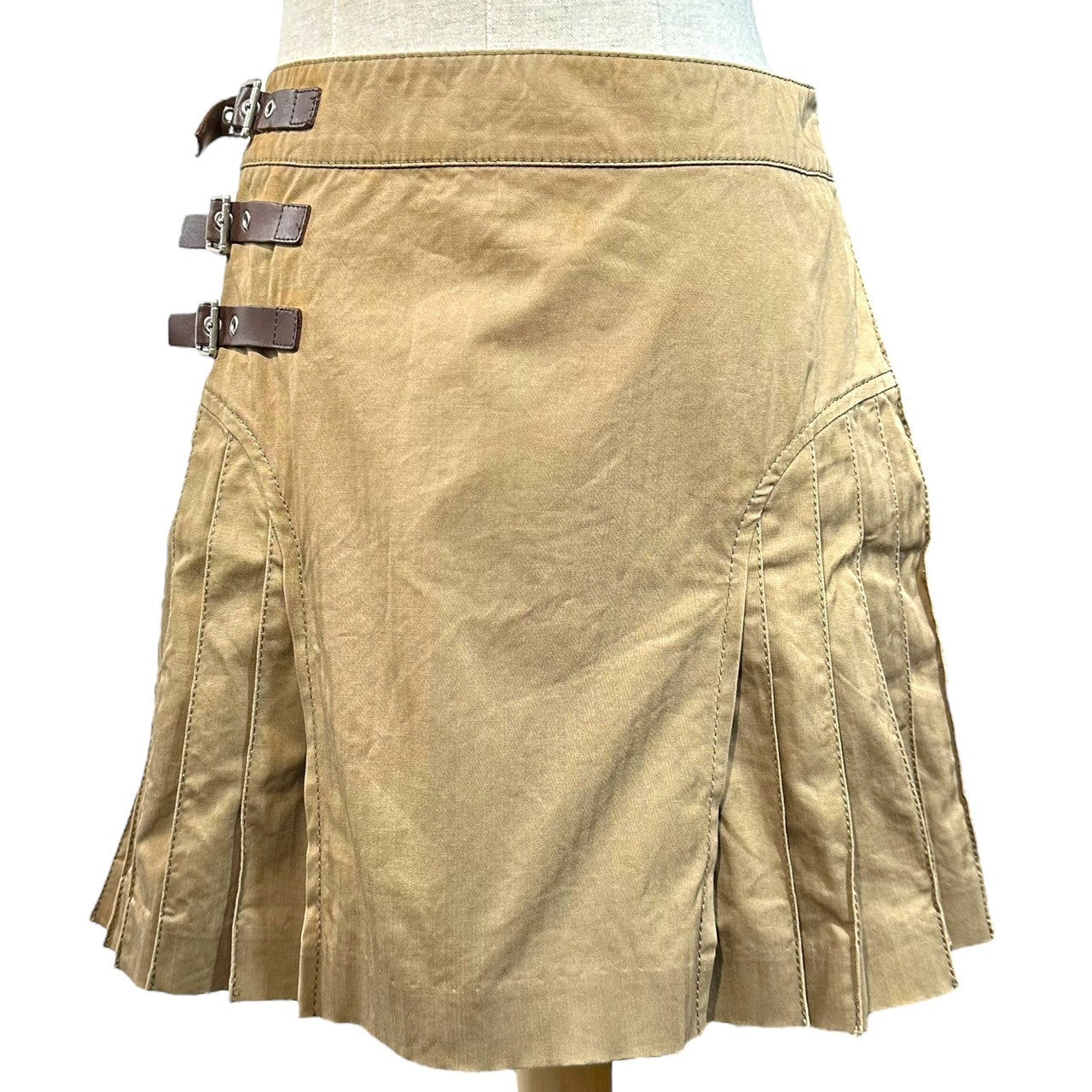 BURBERRY BLUE LABEL(バーバリーブルーレーベル) 00's Side Leather Adjuster Pleated Mini Skirt サイド レザー アジャスター プリーツ ミニ スカート FL570-459-65 36(S程度) カーキ