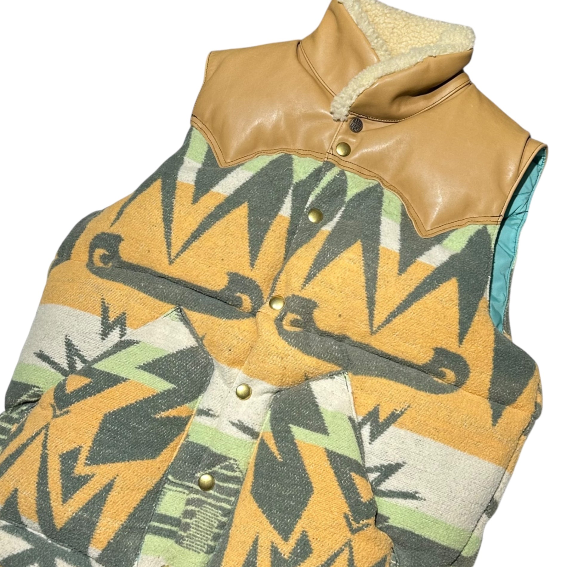 Rocky Mountain Featherbed × Ron Herman(ロッキーマウンテン × ロンハーマン) Leather Yoke Native Pattern Fleece-Lined Down Vest レザー ヨーク ネイティブ柄 ボア ダウン ベスト 38(M) オレンジ×ベージュ×ブラック