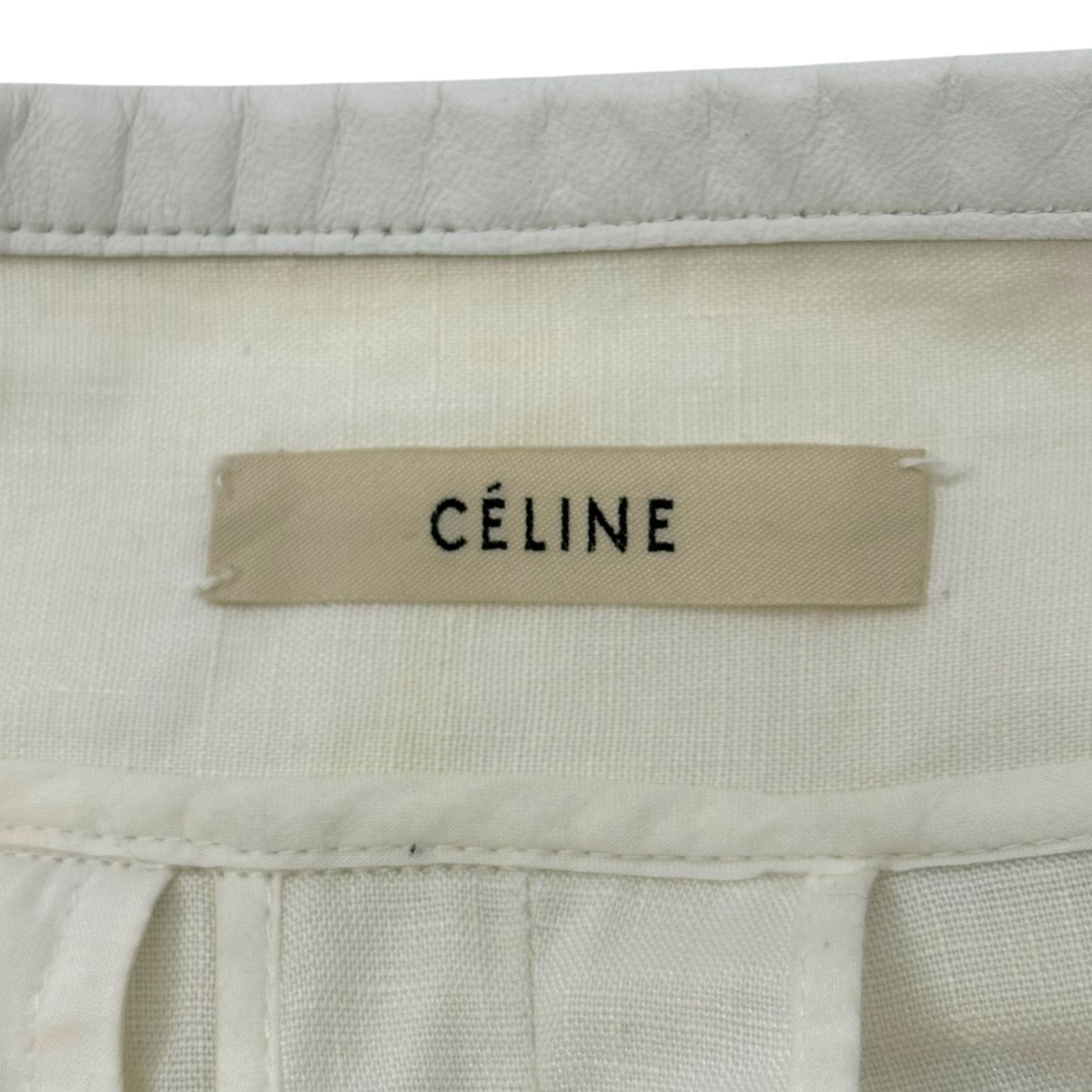 CELINE(セリーヌ) By PHOEBE Waistband Leather-Trimmed Linen Wide-Leg Pants フィービー期 ウエスト レザー 切替 リネン ワイド パンツ 21P32 40(L程度) オフホワイト アーカイブ