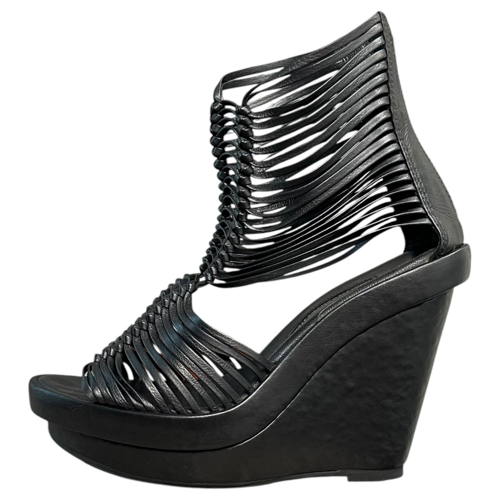 ANN DEMEULEMEESTER(アンドゥムルメステール) 12SS Gladiator Sandals - Wedge Sole ウエッジソール レザー グラディエーター サンダル 121-2805-295-099 37 ブラック レザー 本人期