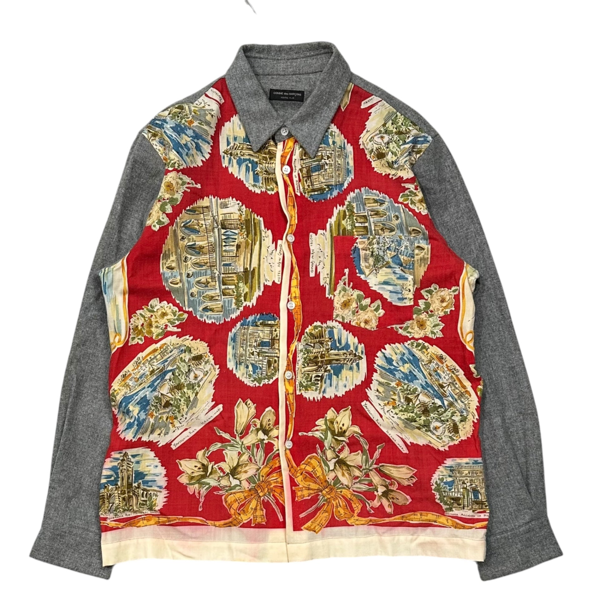 COMME des GARCONS HOMME PLUS(コムデギャルソンオムプリュス) 1999AW Souvenir Kitsch Yokohama Print Wool Shirt スーベニールキッチュ 横浜 名所 切替 ウールシャツ  PB-040440 FREE レッド×グレー AD1999