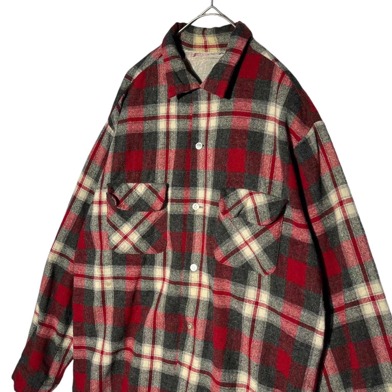 VINTAGE(ヴィンテージ) 60~70's Flap pocket check wool open collar shirt フラップポケット チェック ウール 開襟シャツ レッド×グレー