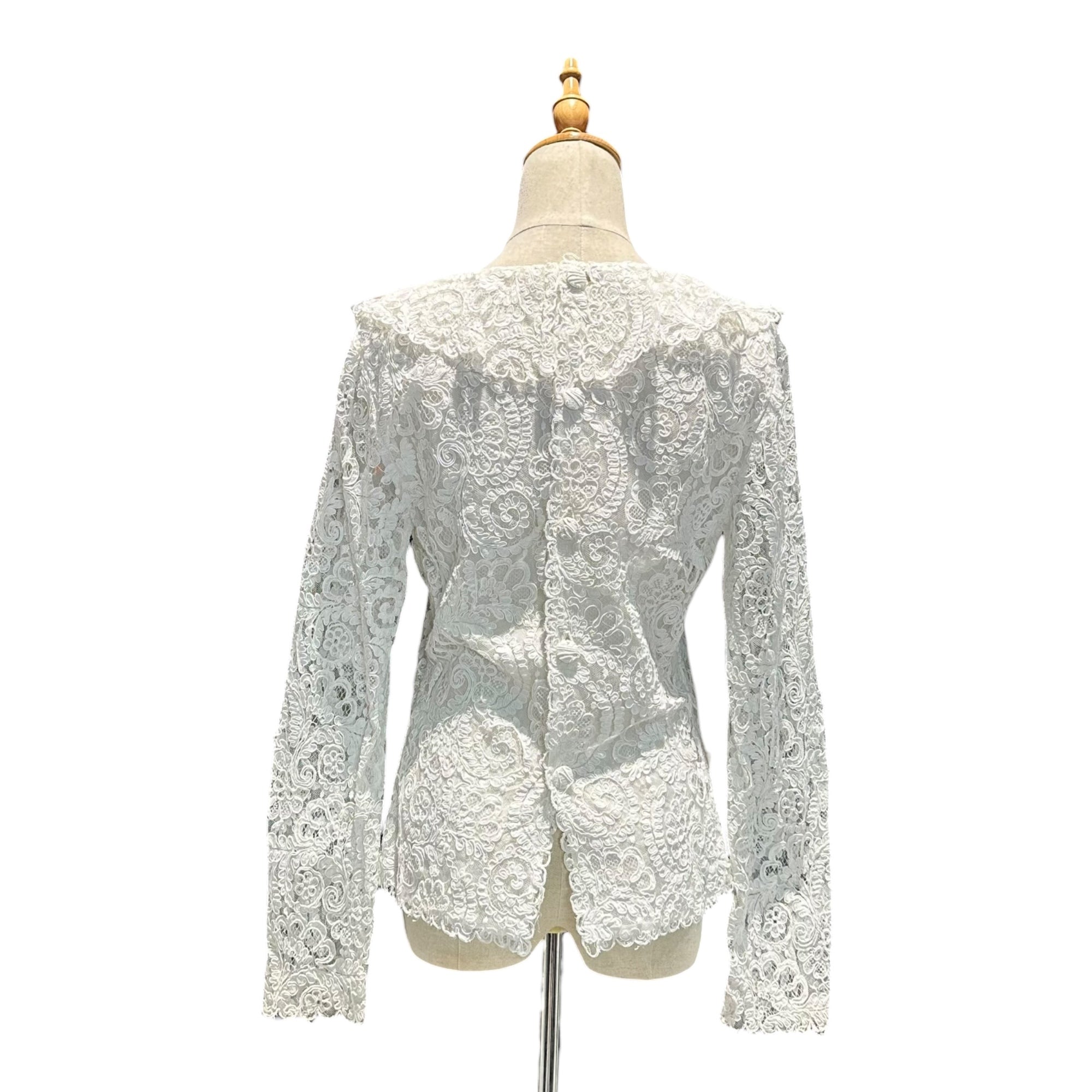 Euro vintage(ヨーロッパヴィンテージ) 70's~ full floral lace v-neck big collar white blouse フローラル総柄レースと大きな襟のVネックブラウス 46(Lサイズ程度)/若干のほつれ有 ホワイト