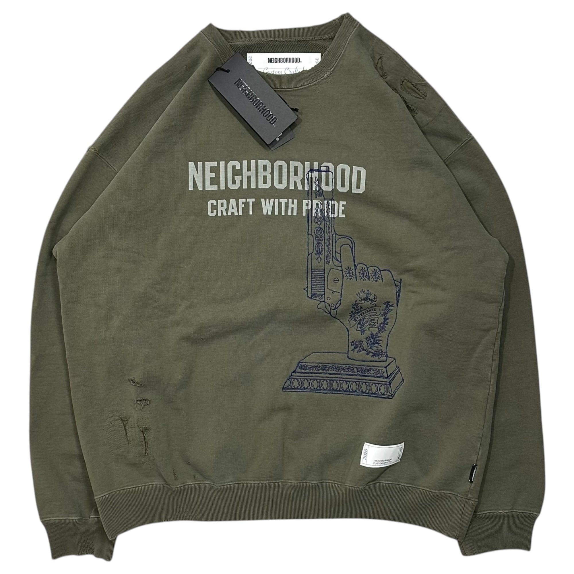 NEIGHBORHOOD(ネイバーフッド) 26SS SAVAGE SWEAT SHIRT LS サベージ スウェット 261FPNH-CSM08 L カーキ ダメージ加工 刺繍 ロゴ