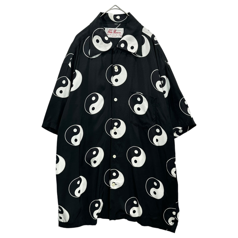 Aloha Blossom(アロハブロッサム) YING&YANG SHORT SLEEVE BLACK 陰陽 アロハ シャツ 44 ブラック×ホワイト 半袖 オープンカラー レーヨン