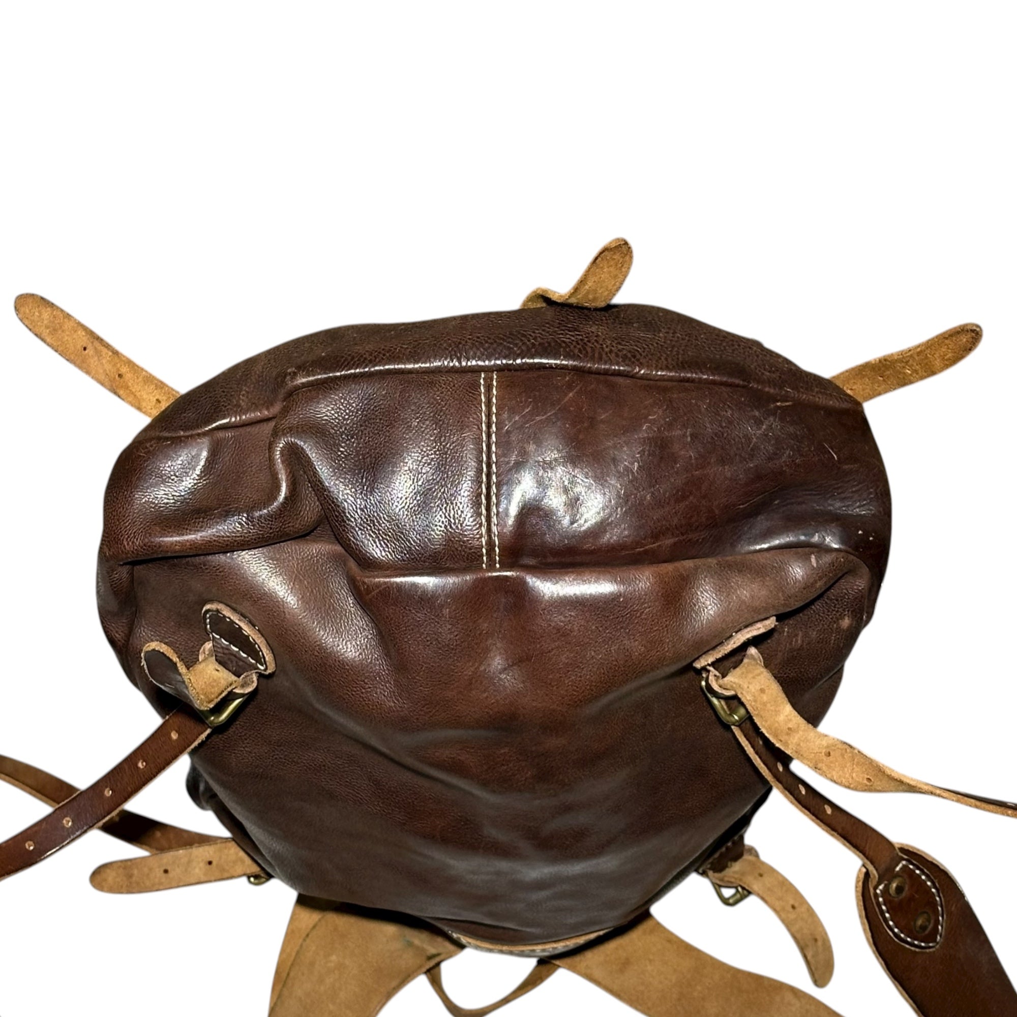 RRL(ダブルアールエル) Vintage-Processed Triple-Strap All-Leather Backpack Daypack ヴィンテージ加工 3連 ベルト オールレザー リュック デイパック ブラウン