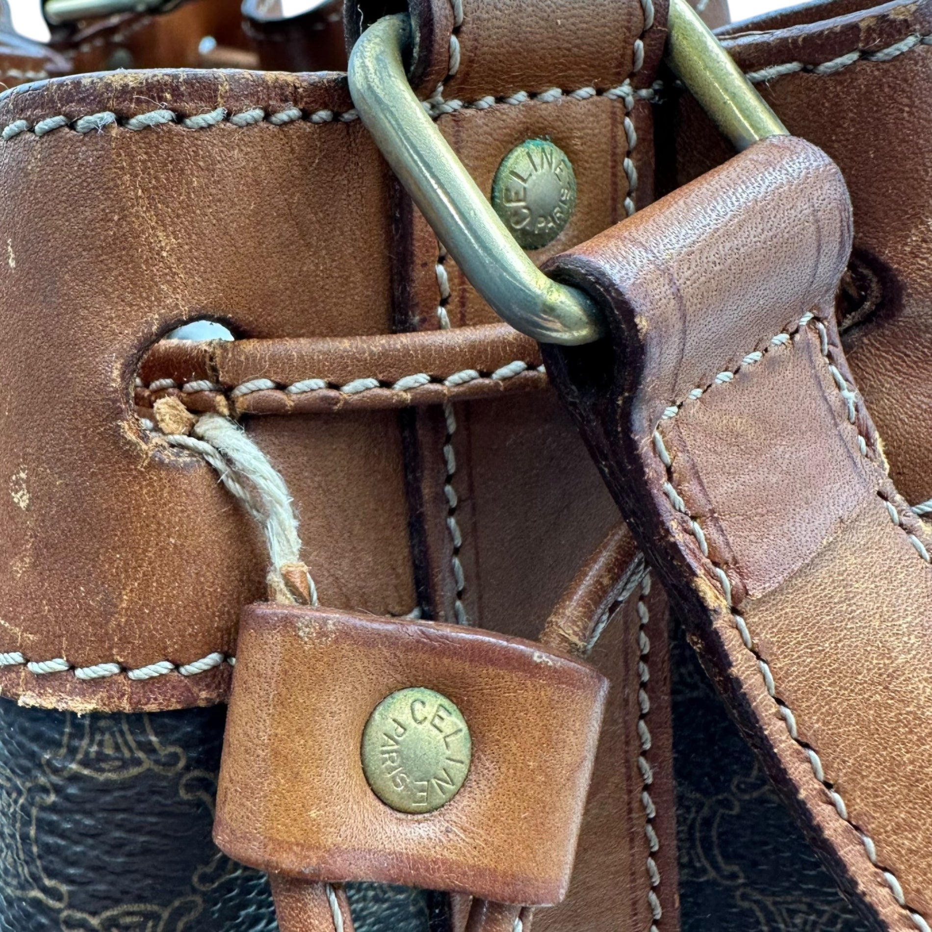 CELINE(セリーヌ) Macadam Drawstring Shoulder Bag マカダム柄 巾着 ショルダー バッグ ブラウン OLD ヴィンテージ