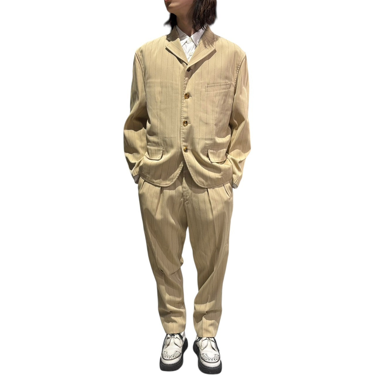 COMME des GARCONS HOMME PLUS(コムデギャルソンオムプリュス) 90SS Ac/Co 4B Stripe  Set upアセテート コットン 3B ストライプ テーラード ジャケット セットアップ PJ・11027S S ベージュ AD1989 スラックス パンツ