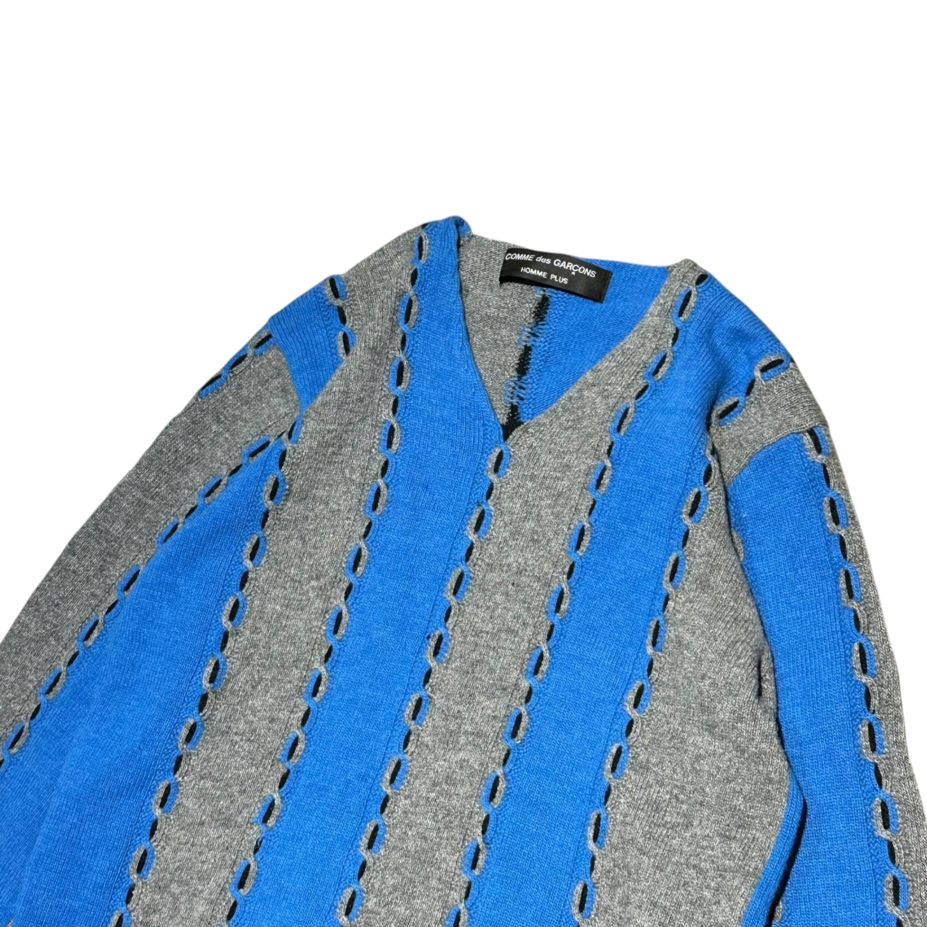 COMME des GARCONS HOMME PLUS(コムデギャルソンオムプリュス) 00AW ”Docking Rock” V-neck Two-Tone Wool Knit ドッキングロック期 Vネック バイカラー ウール ニット PN-040420 表記無(M程度) ブルー×グレー AD2000 00's