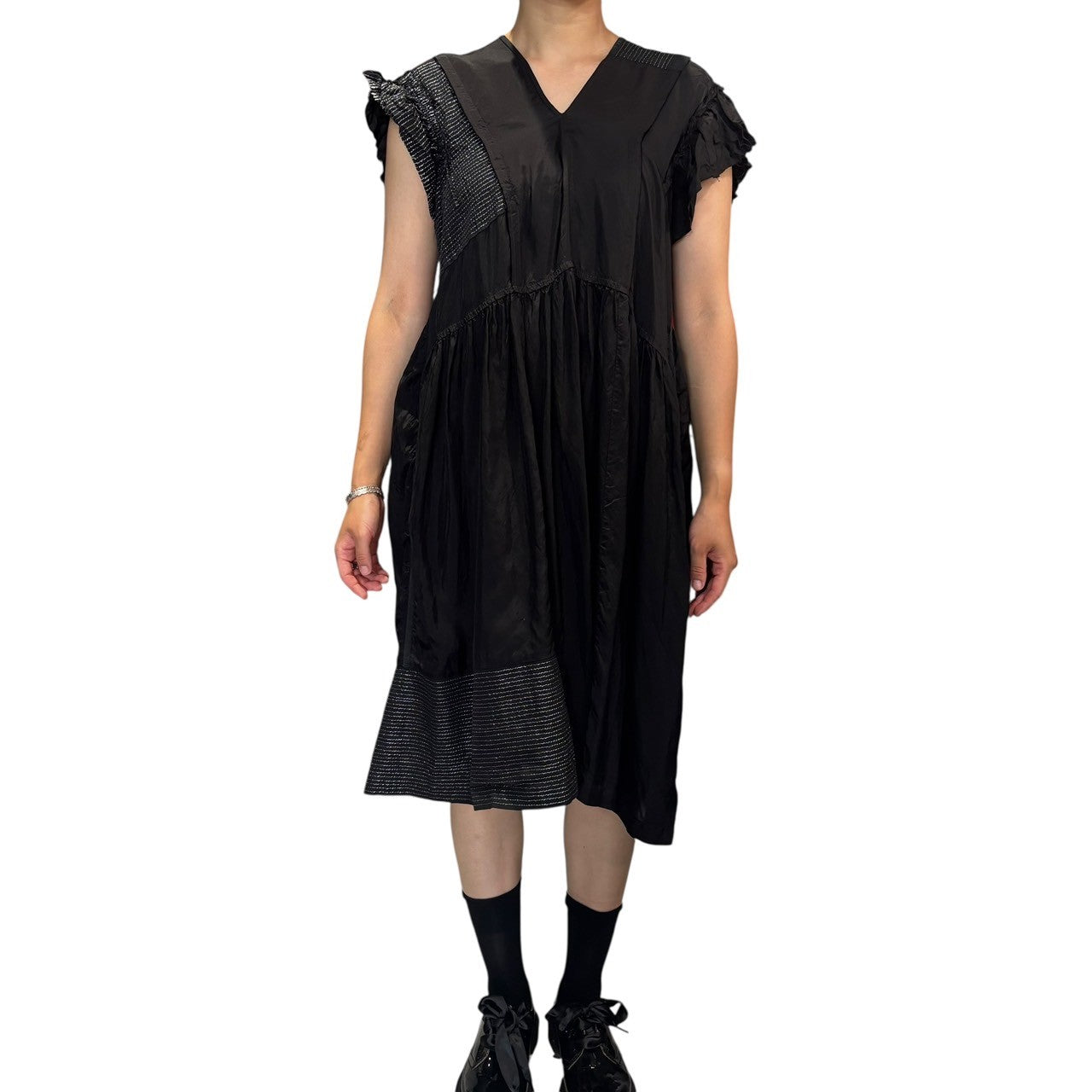tricot COMME des GARCONS(トリココムデギャルソン) 08SS Silver Stitch Design Deformed Sleeve One Piece Dress シルバーステッチ デザイン 変形 スリーブ ワンピース TA-0013 S ブラック×シルバー AD2007