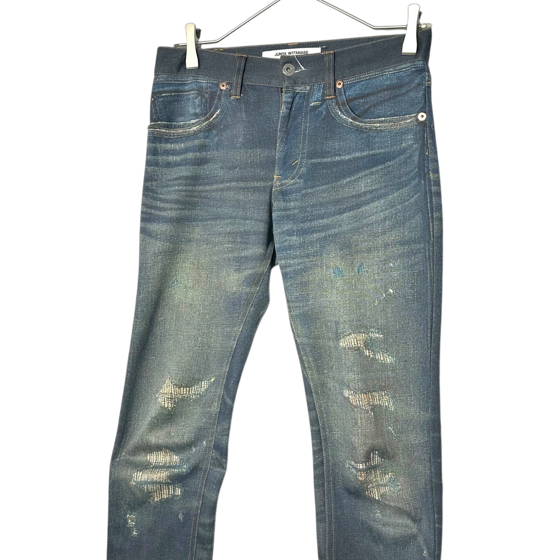 COMME des GARCONS JUNYA WATANABE(コムデギャルソンジュンヤワタナベ) 10SS Distressed denim transfer slim pants  ダメージ 加工 デニム 転写 スリム パンツ JE-P201 XS インディゴ AD2009