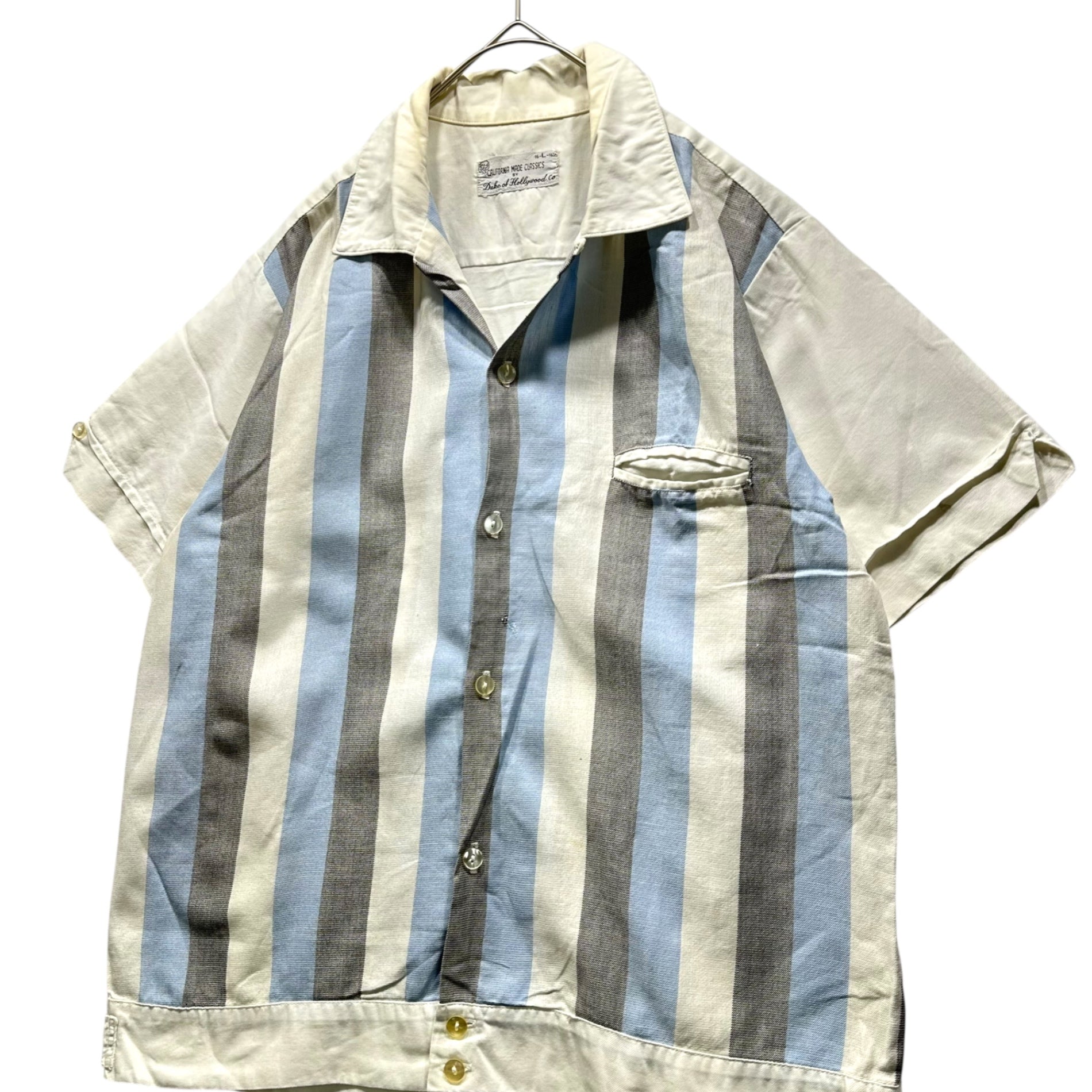 Duke of Hollywood(デュークオブハリウッド) 60’s～70's Striped Open-Collar S/S Shirt ストライプ オープンカラー 半袖 シャツ L ホワイト×スカイブルー 60年代～70年代 ヴィンテージ