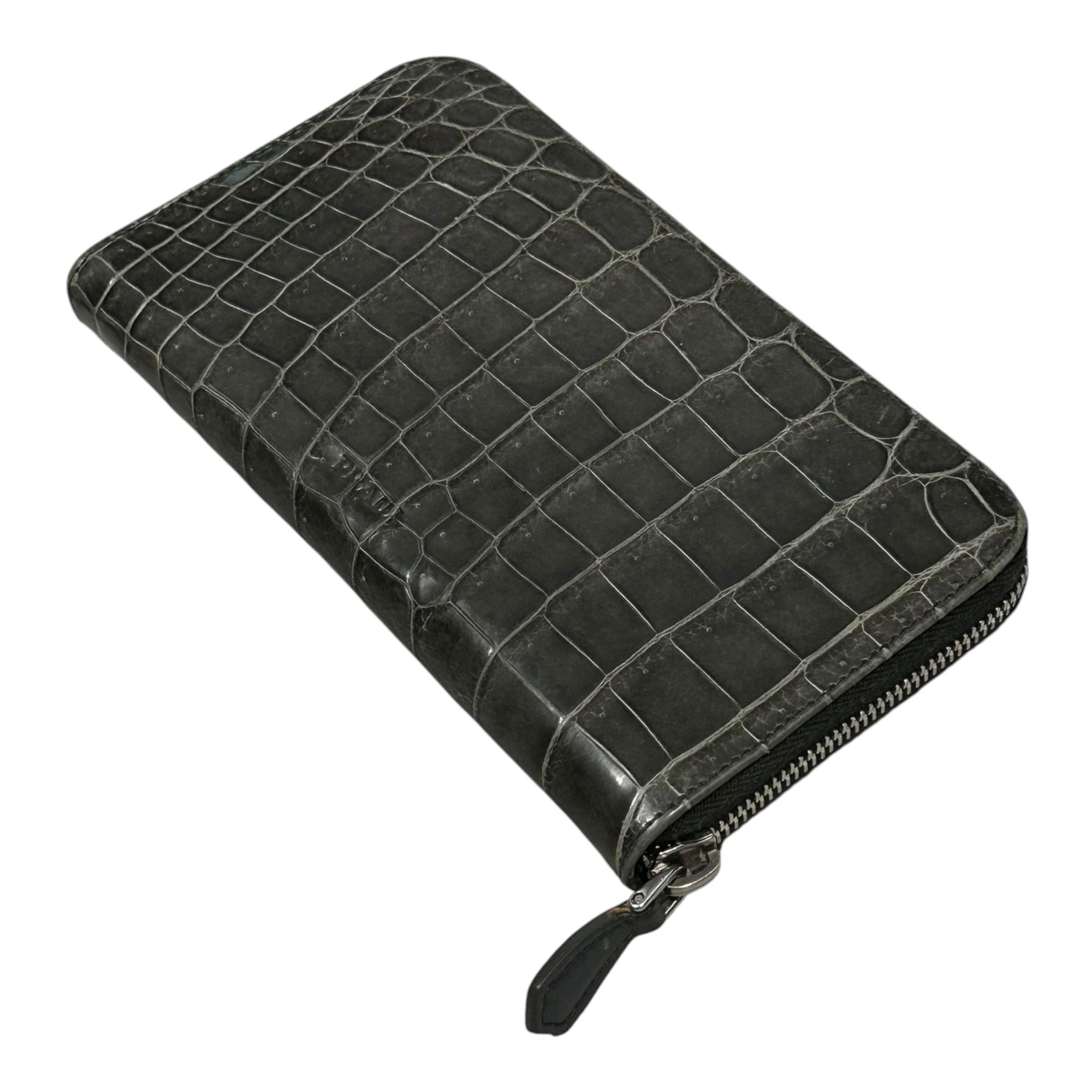 PRADA(プラダ) Round-Zip Long Wallet - Crocodile ラウンドジップ ロング ウォレット クロコダイル グレー 長財布 エキゾチック レザー