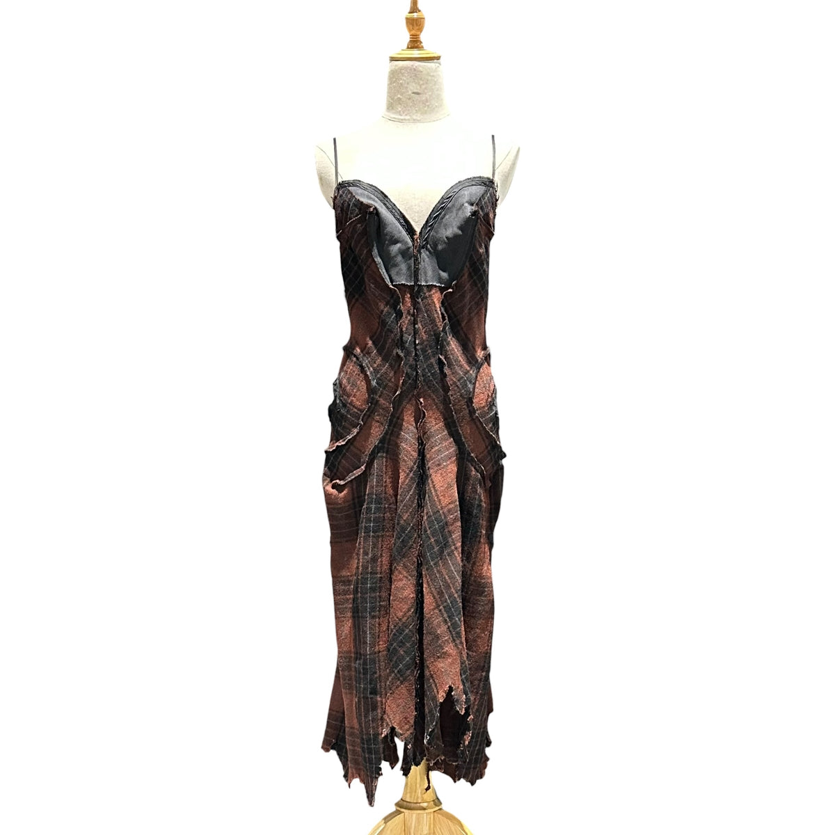 JUNYA WATANABE COMME des GARCONS(ジュンヤワタナベコムデギャルソン) 2002AW Raw-Edge Checkered Wool Camisole Dress 切りっ放し チェック ウール キャミソール ワンピース JG-O032 S ブラウン×ブラック AD2002 00s アーカイブ レザー