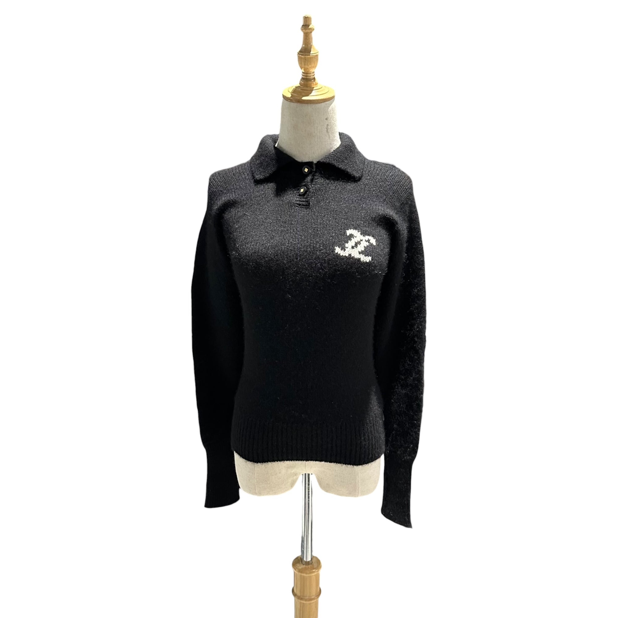 CHANEL(シャネル) 1996AW Coco Button Cashmere Collared Sweater ココボタン カシミア 襟付き ニット P08765V00321 36 ブラック×ホワイト B0841 90s ヴィンテージ