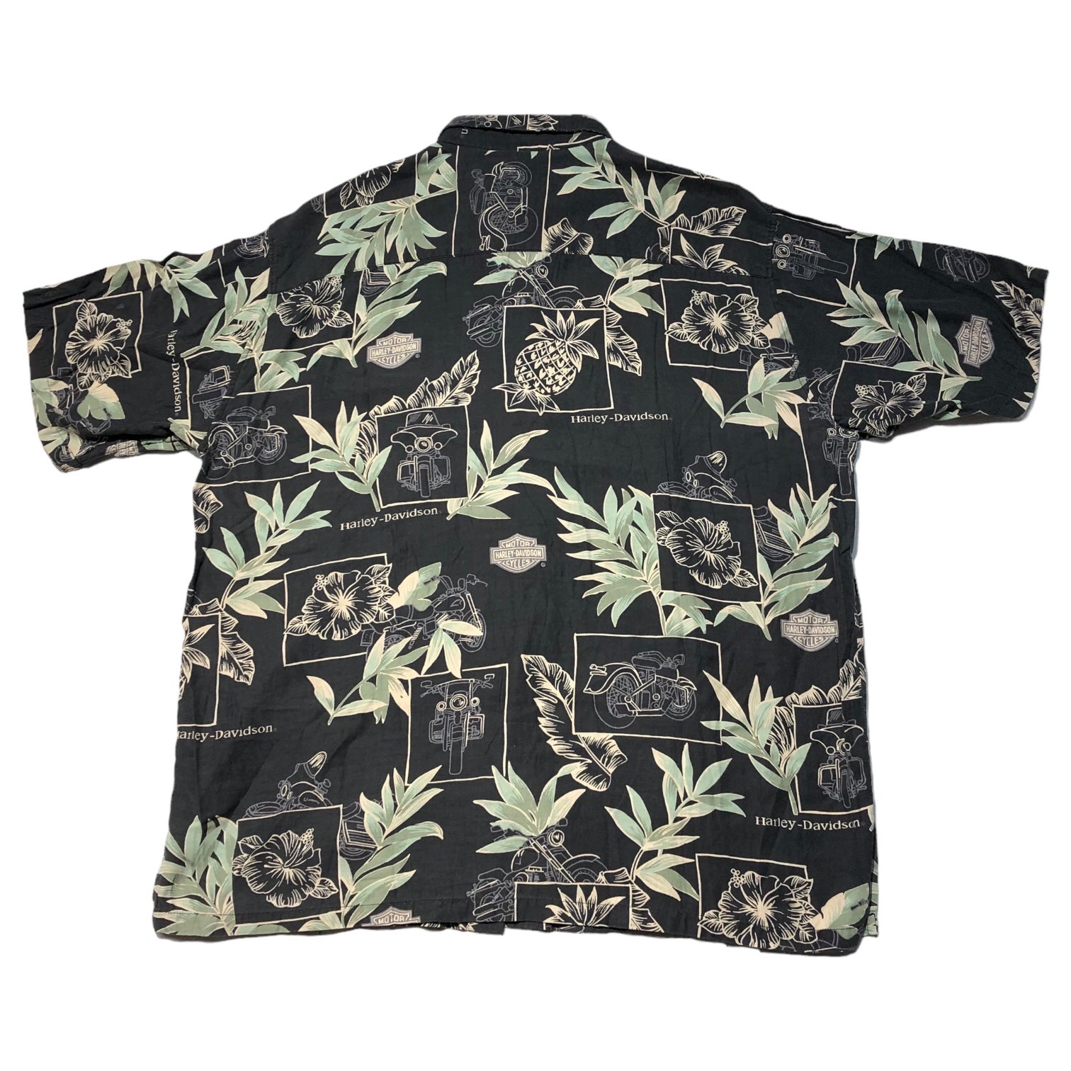 HARLEY DAVIDSON(ハーレーダビッドソン) Silk cotton aloha shirt シルク コットン アロハ シャツ 半袖 総柄 アイビスカス 2XL ブラック