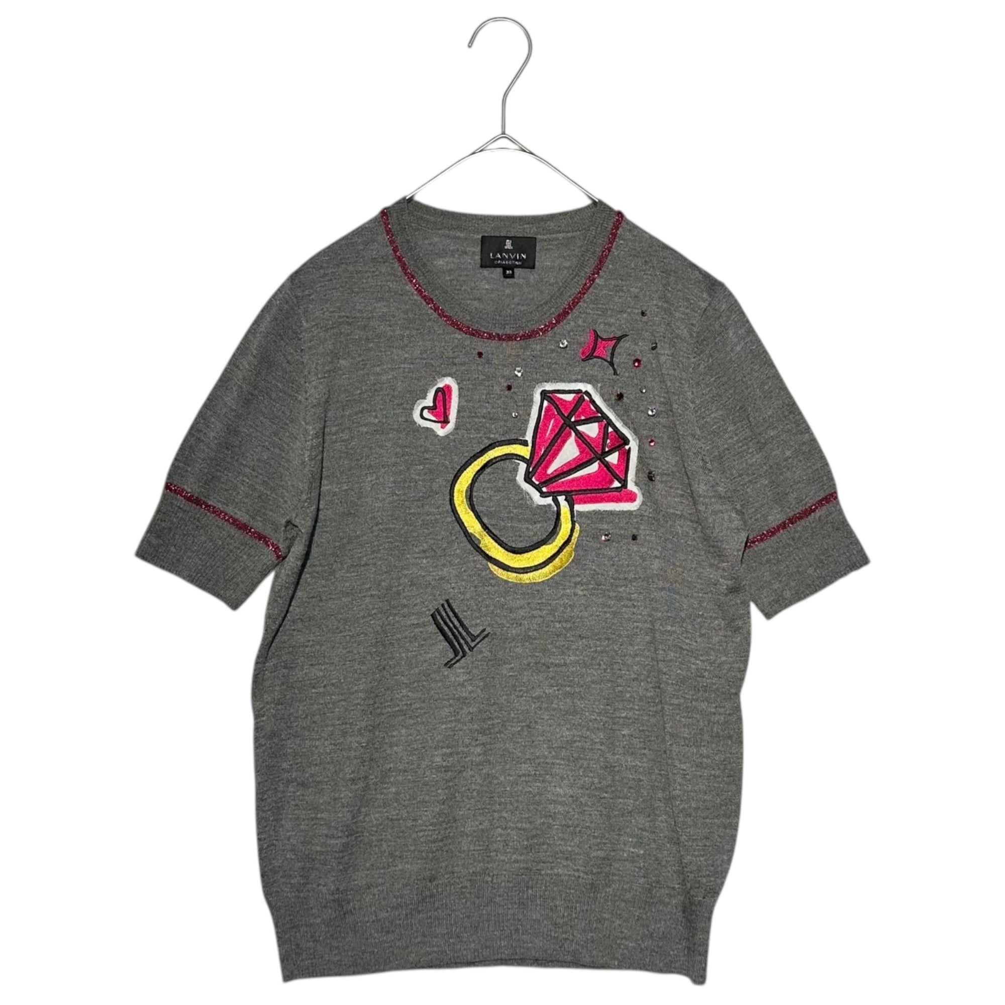 LANVIN COLLECTION(ランバン コレクション) Beaded Patch Decoration Ensemble Cardigan ビーズ ワッペン 装飾 アンサンブル カーディガン 38(M程度) グレー