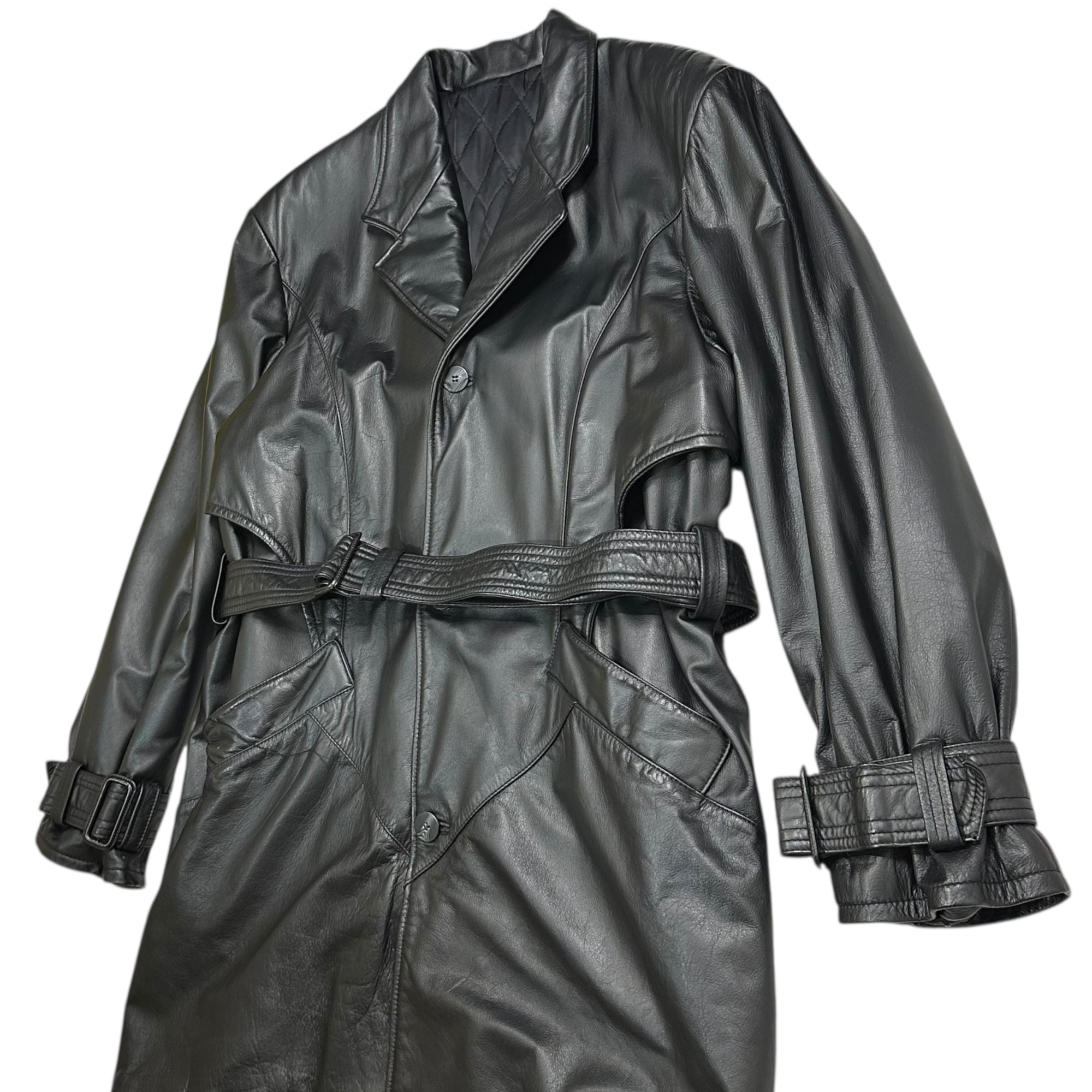 MEN'S TENORAS(ティノラス) 90's Design Pocket Belted Cow Leather Coat デザイン ポケット ベルテッド カウ レザー コート TA-6502 L ブラック 90年代 ヴィンテージ