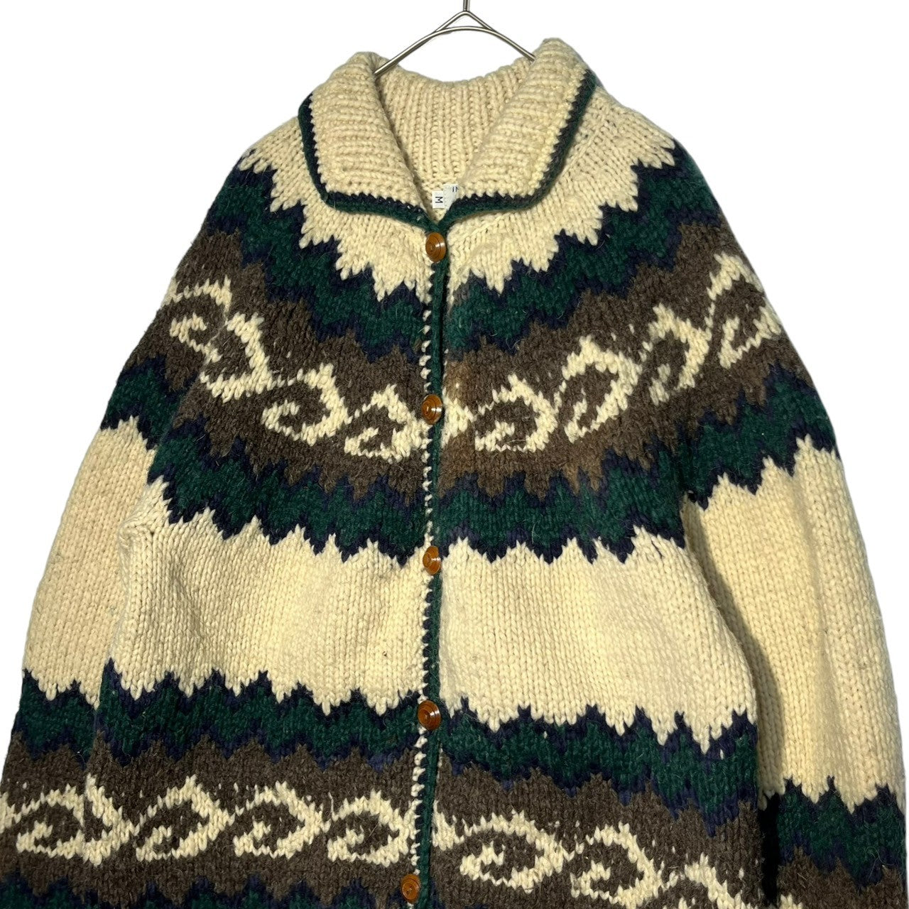 INDIGENOUS DESIGNS(インディアンデザインズ) Ecuador made Indian low gauge knit cardigan エクアドル製 インディアン ローゲージ ニット カーディガン カウチン  M アイボリー×グリーン 環境保護 サスティナブル オーガニック