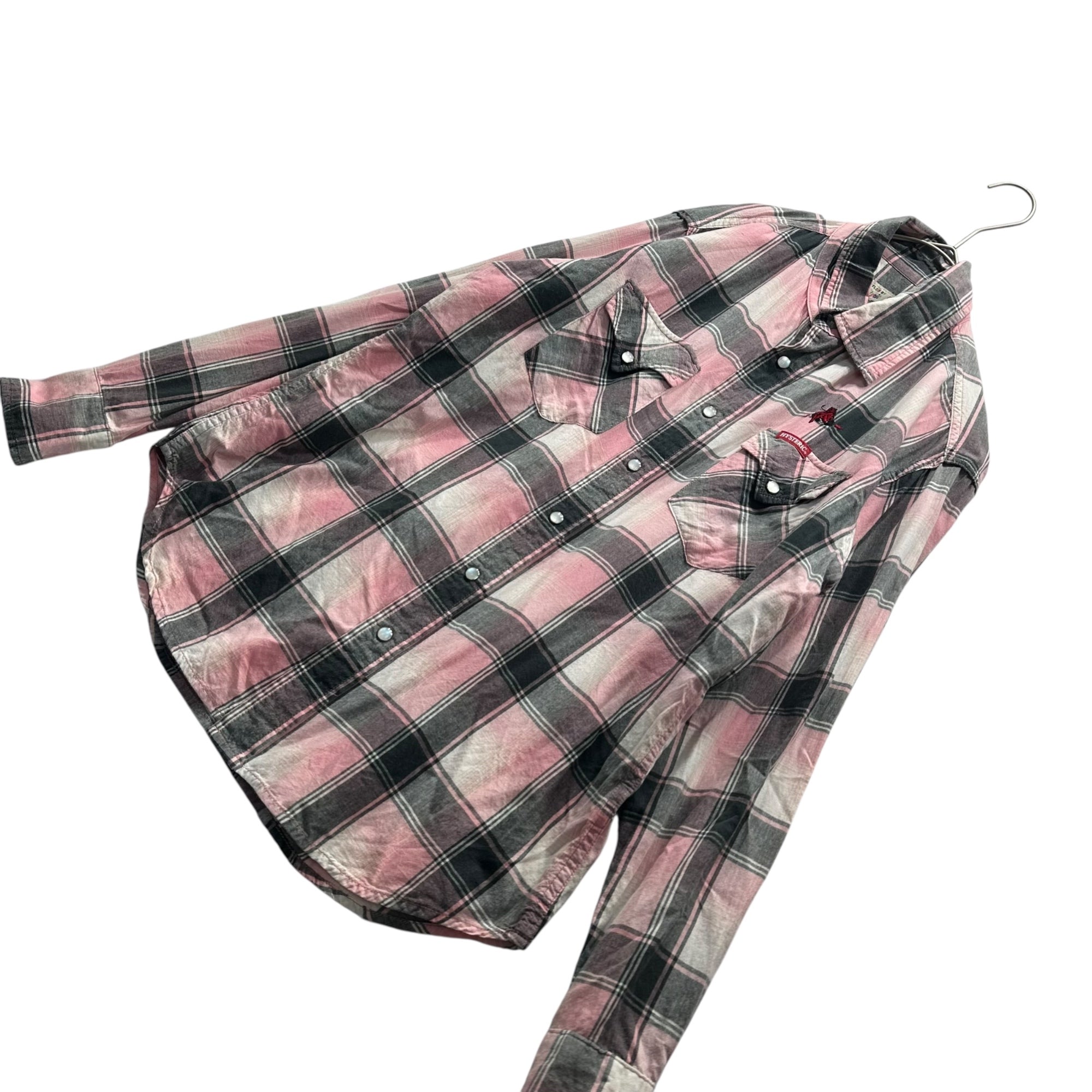 HYSTERIC GLAMOUR(ヒステリックグラマー) Devil Embroidered Check Shirt デビル 刺繍 チェック シャツ 02171AH03 M ピンク×グレー