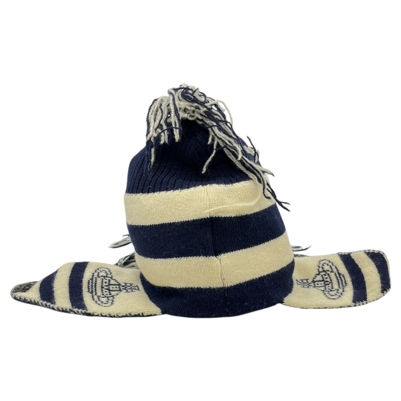 Vivienne Westwood CHAPEAUX(ヴィヴィアンウエストウッド) 00's Original knit hat with ear flaps オリジナル 耳当て付き ニット帽 ネイビー×ホワイト Y2K ムーンバット