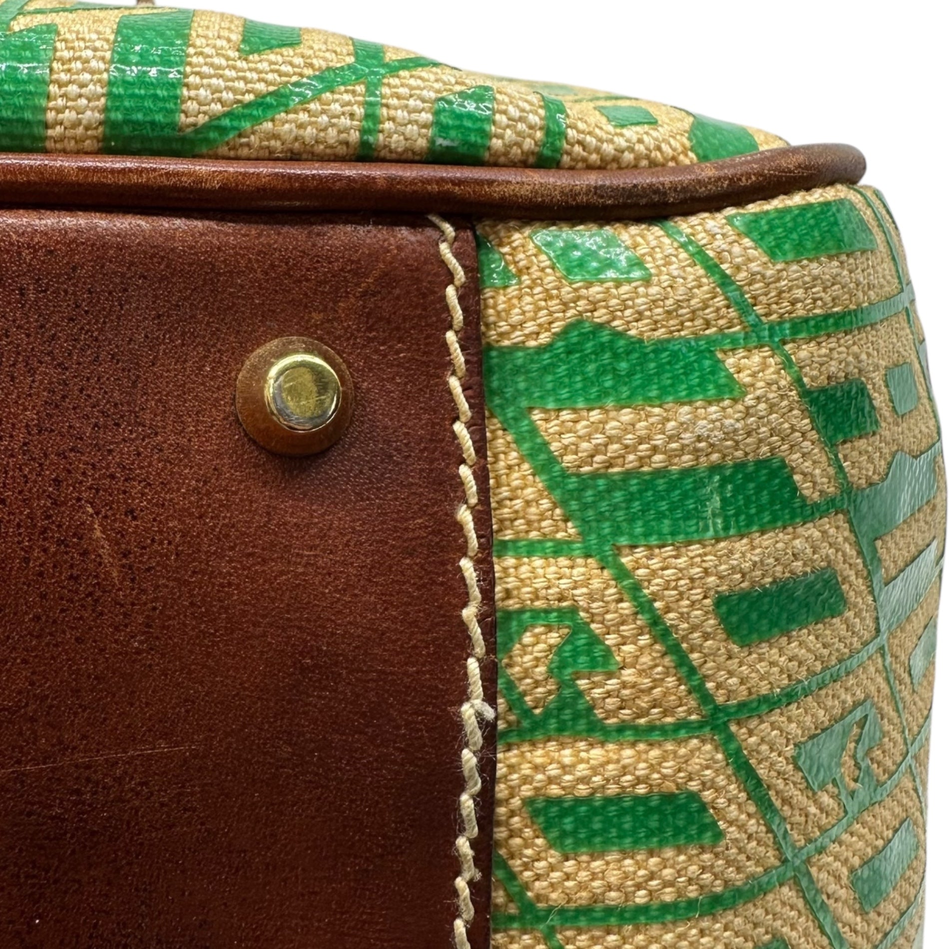 Corto Moltedo(コルトモルテド) Logo All-Over Print Canvas Leather Tote Bag ロゴ 総柄 キャンパス レザー トート バッグ グリーン×ベージュ