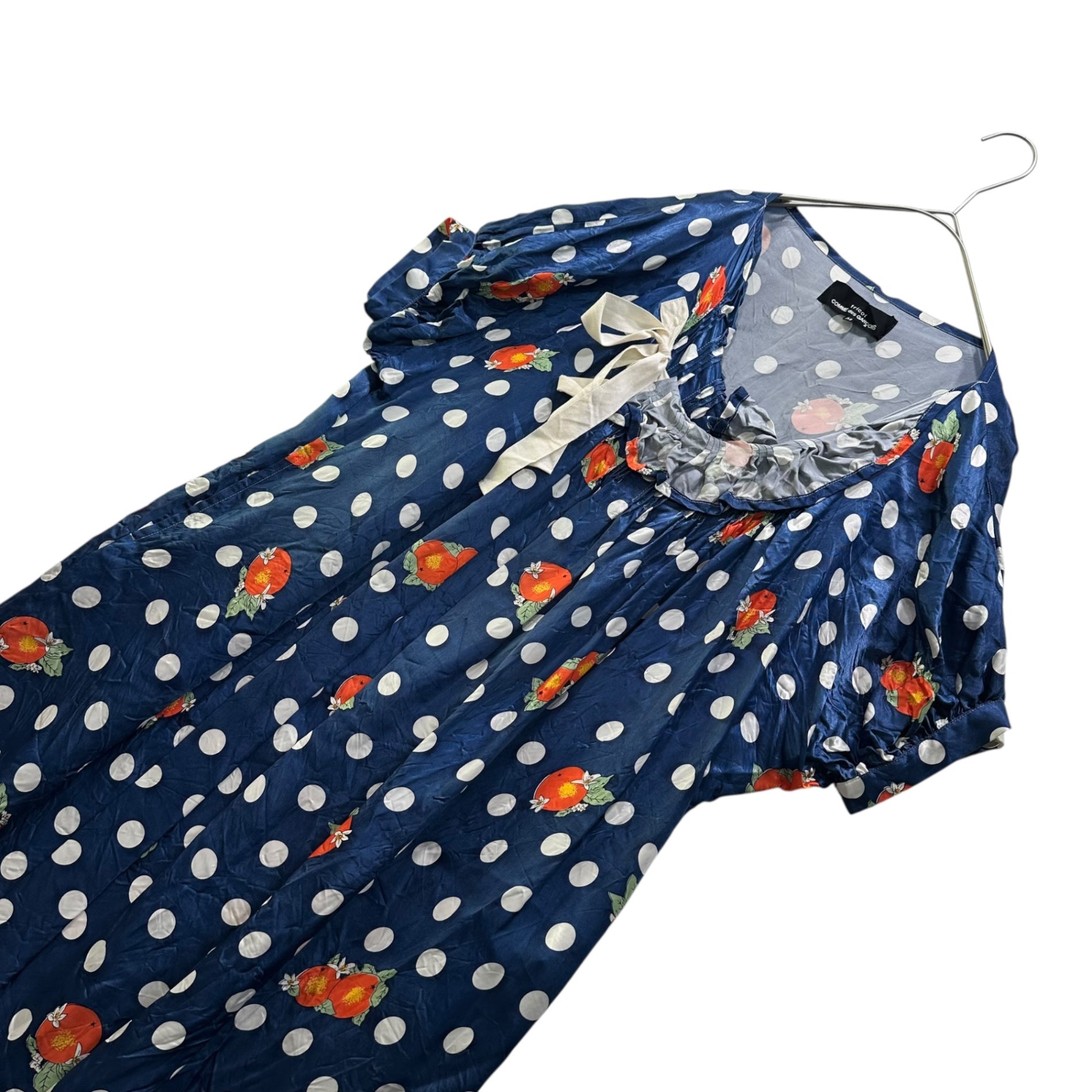 tricot COMME des GARCONS(トリココムデギャルソン) 11SS Orange Print × Dot Cupra Frill Ribbon Dress オレンジプリント × ドット キュプラ フリル リボン ワンピース TG-O031 M ブルー×ホワイト×オレンジ AD2010