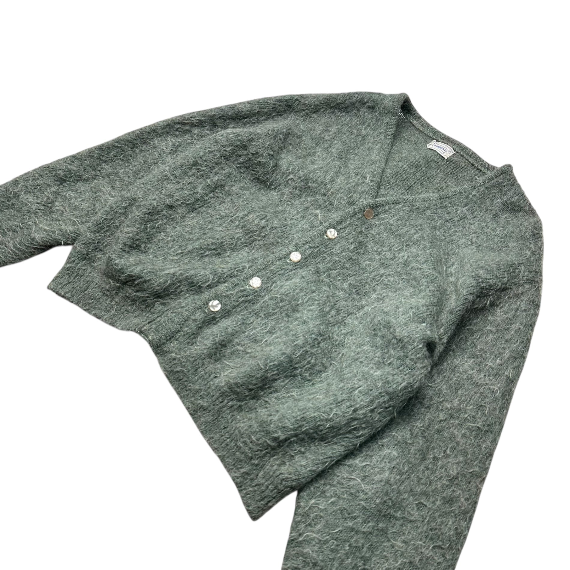 BRENT(ブレント) 60's Shaggy Mohair Cardigan シャギー モヘア カーディガン L グレーグリーン 60年代 貝ボタン ヴィンテージ 毛足長