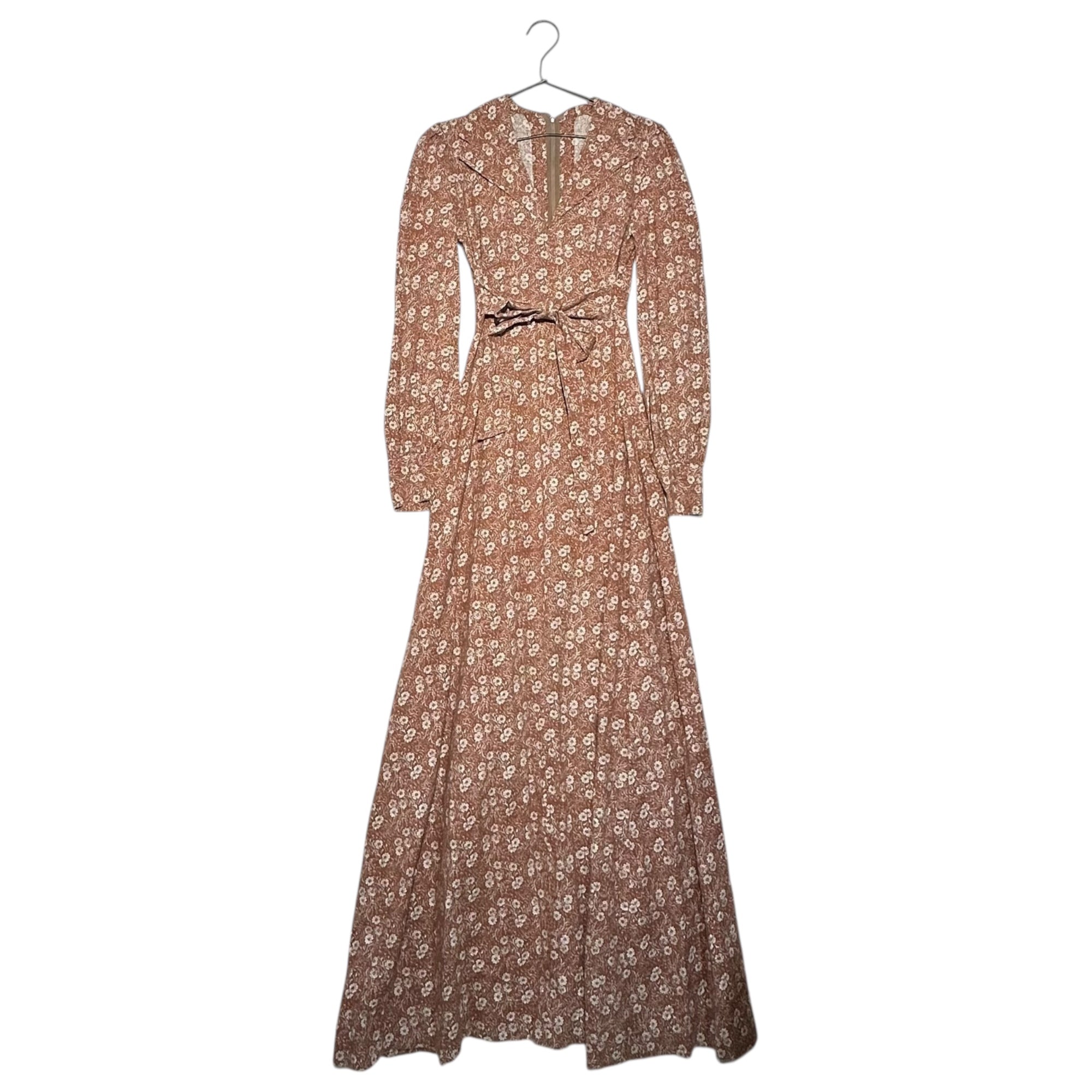 VINTAGE(ヴィンテージ) 70's~small floral pattern long onepiece ベルト付き小花柄のロングワンピース M~L程度 ブラウン×ホワイト